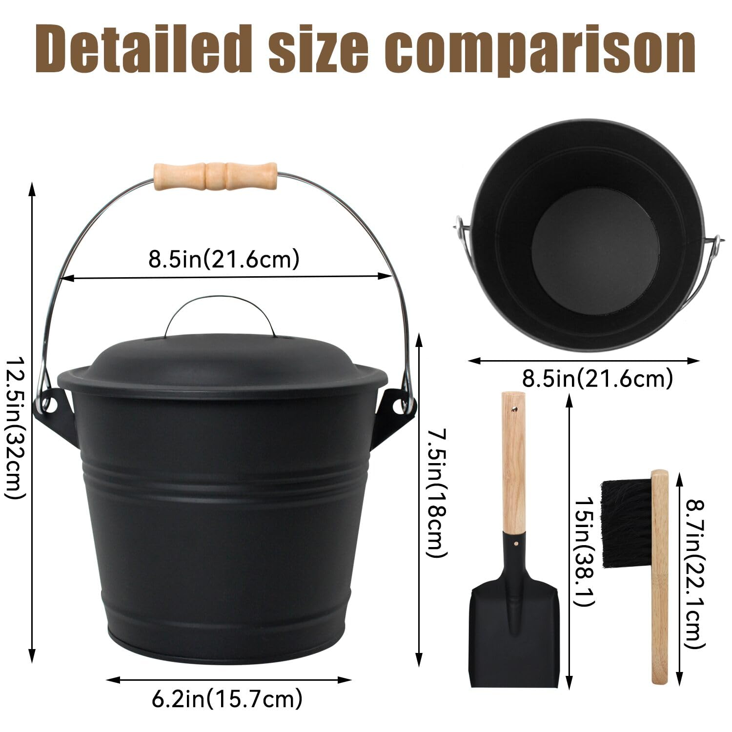 Brian & Dany Mini Ash Bucket With Lid And Shovel, 1.5 Gallon Fireplace Bucket With Broom, Coal Bucket Ash Can For Fireplace, Ash