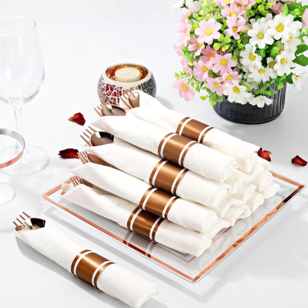 Wellife 350 Pcs Valentines Rose Gold Square Plastic Plates, Disposable Rose Gold Dinnerware Set, Includes: 50 Dinner Plates10.25