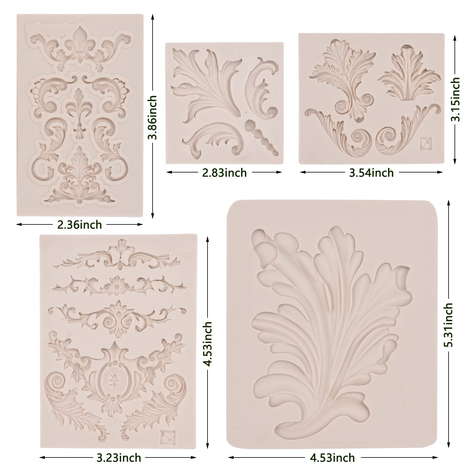 Baroque Feather Relief Candy Chocolate Silicone Molds (5 Pcs) European Embossed Pattern Petal Fern Leaf Fondant Molds For Making
