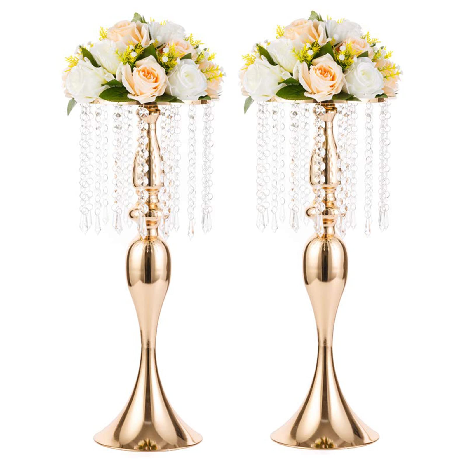 2 Pcs 21.3 inches Tall Crystal Flower Stand Wedding Road Lead Tall Flower Holders Centerpiece Crystal Flower Chandelier Metal Fl