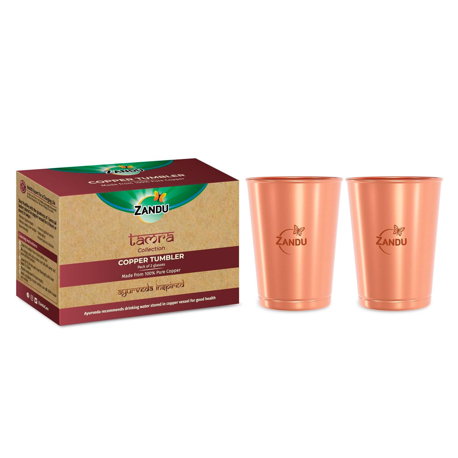 Zandu Copper Tumbler (Pack Of 2, 300Ml Each): Ayurveda Inspired, 100% Pure Copper, Supports Digestive & Liver Health, Boosts Imm