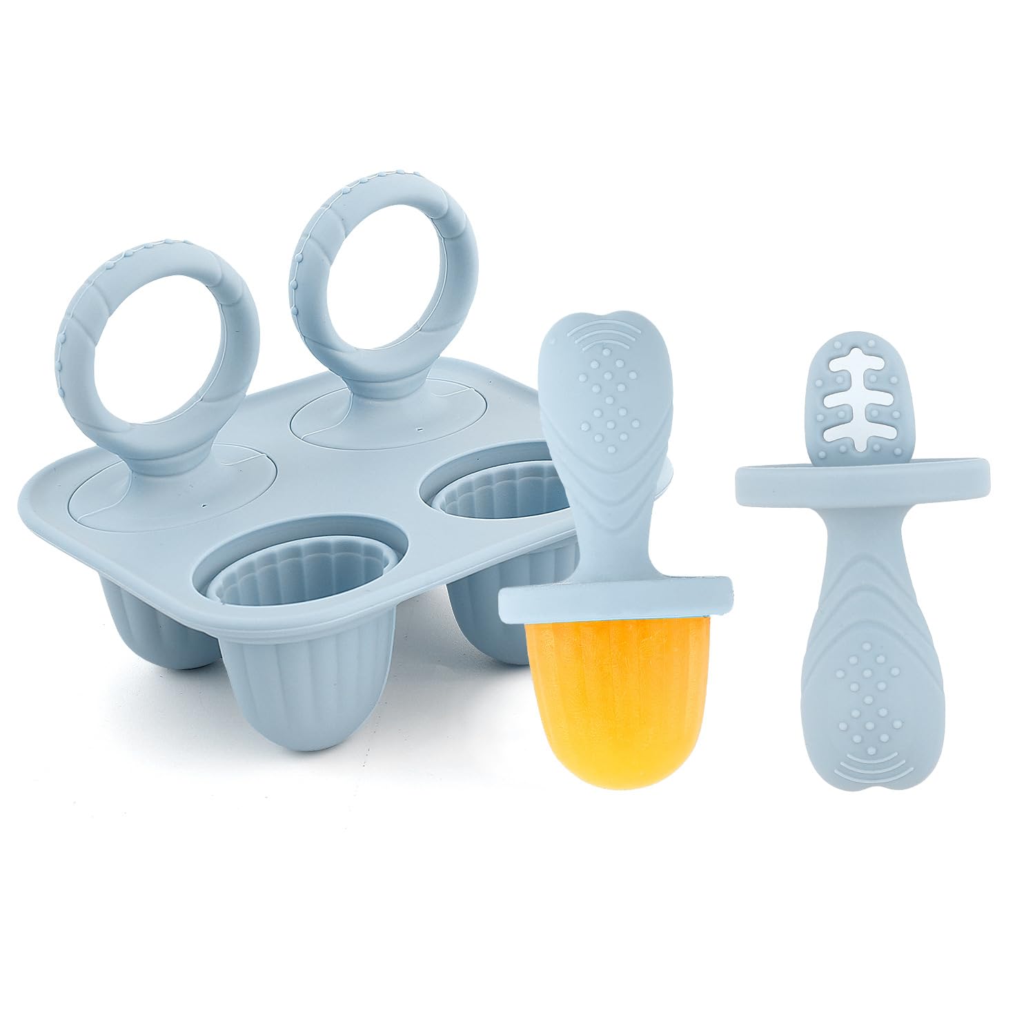 Silicone Baby Ice Pop Molds with Easy-Grip Handles, 4-Cavity Frozen Food Feeder Tray for Toddlers, Mini Popsicle Maker for Feedi