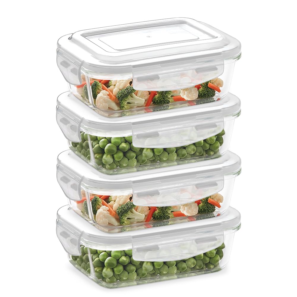 Borosil Klip N Store (370Ml X 4) Rectangle Glass Food Storage Container Set With Air Tight Lid | Borosilicate Glass Container Fo