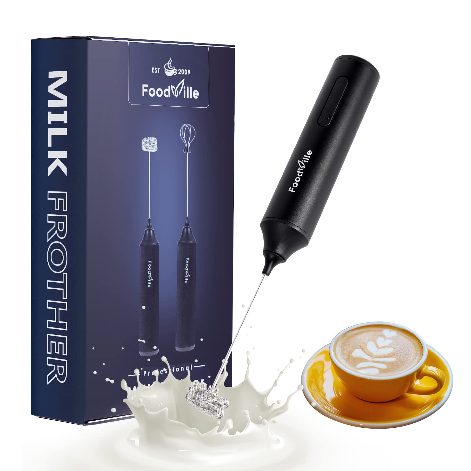 Foodville Mf05 Rechargeable Milk Frother Usb Charging Handheld Foam Maker With Stainless Balloon Whisk For Cappuccino, Latte, Bu