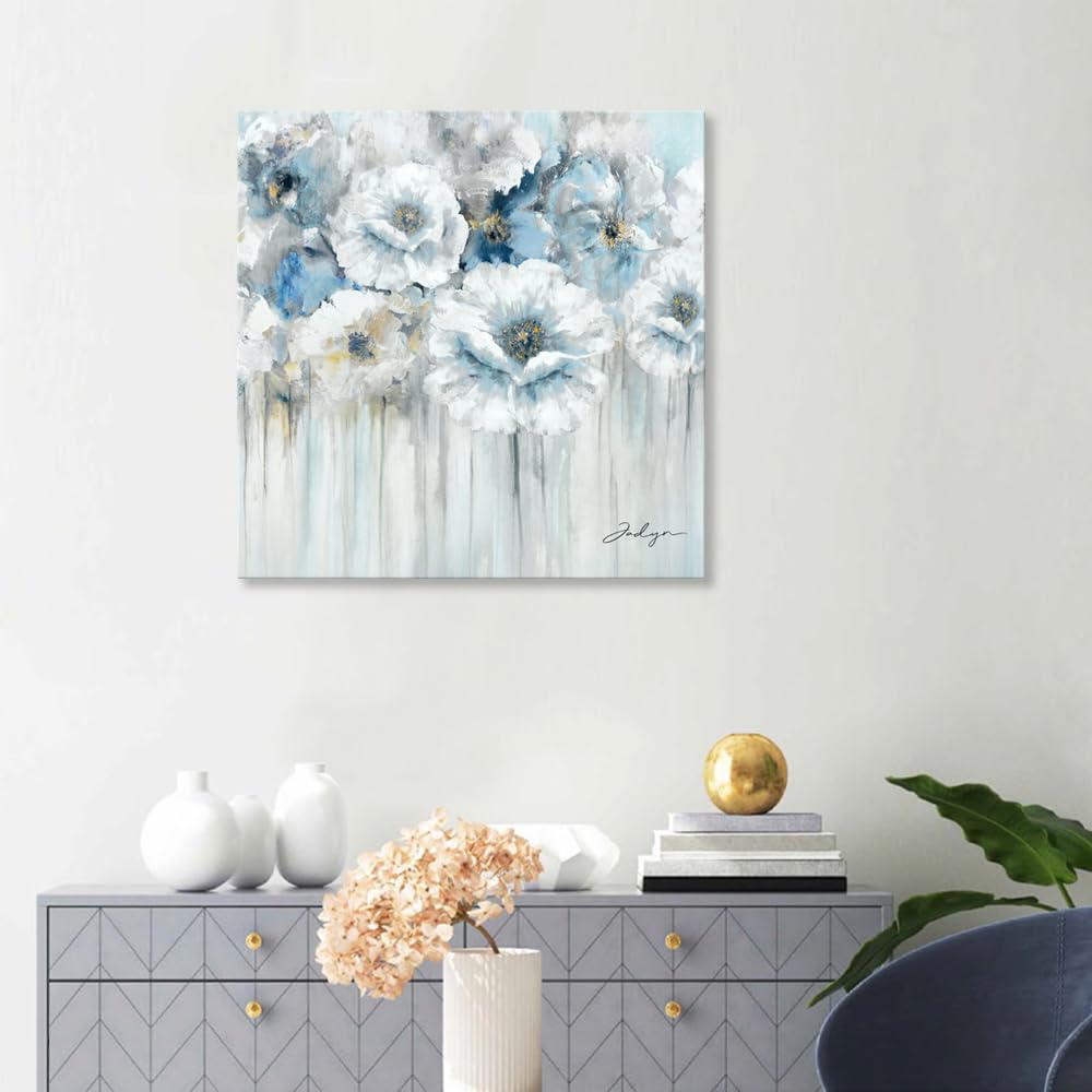Abstract Flower Pictures Decor Wall Art - White Floral Canvas Print With Gold For Blue Bedroom Bathroom, Framed Size 24X24