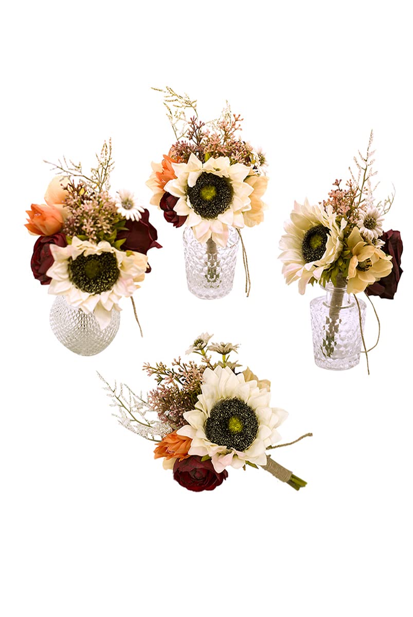 Ansofi Vintage Wedding Table Centerpieces Burnt Orange Mini Floral Bridesmaid Bouquets Set of 4 Pre-Made Sunflower Rose Bouquets