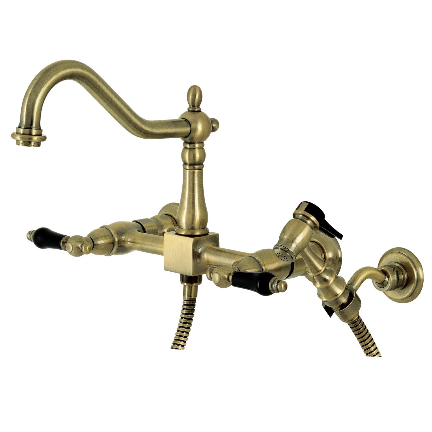 Kingston Brass KS1243PKLBS Duchess Two-Handle Wall Mount Bridge Kitchen Faucet with Brass Sprayer  Vintage Brass