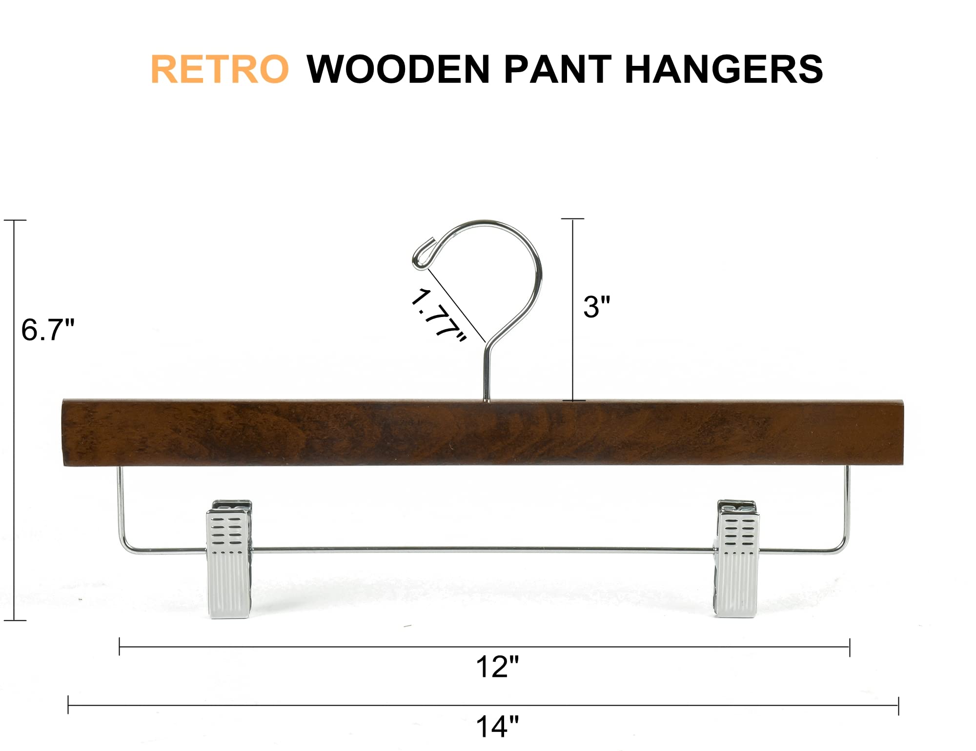 Amber Home Retro Wooden Pants Hangers With Clips 24 Pack, Walnut Wood Bottom Jeans Skirt Hanger, Clip Hanger For Trousers, Slack