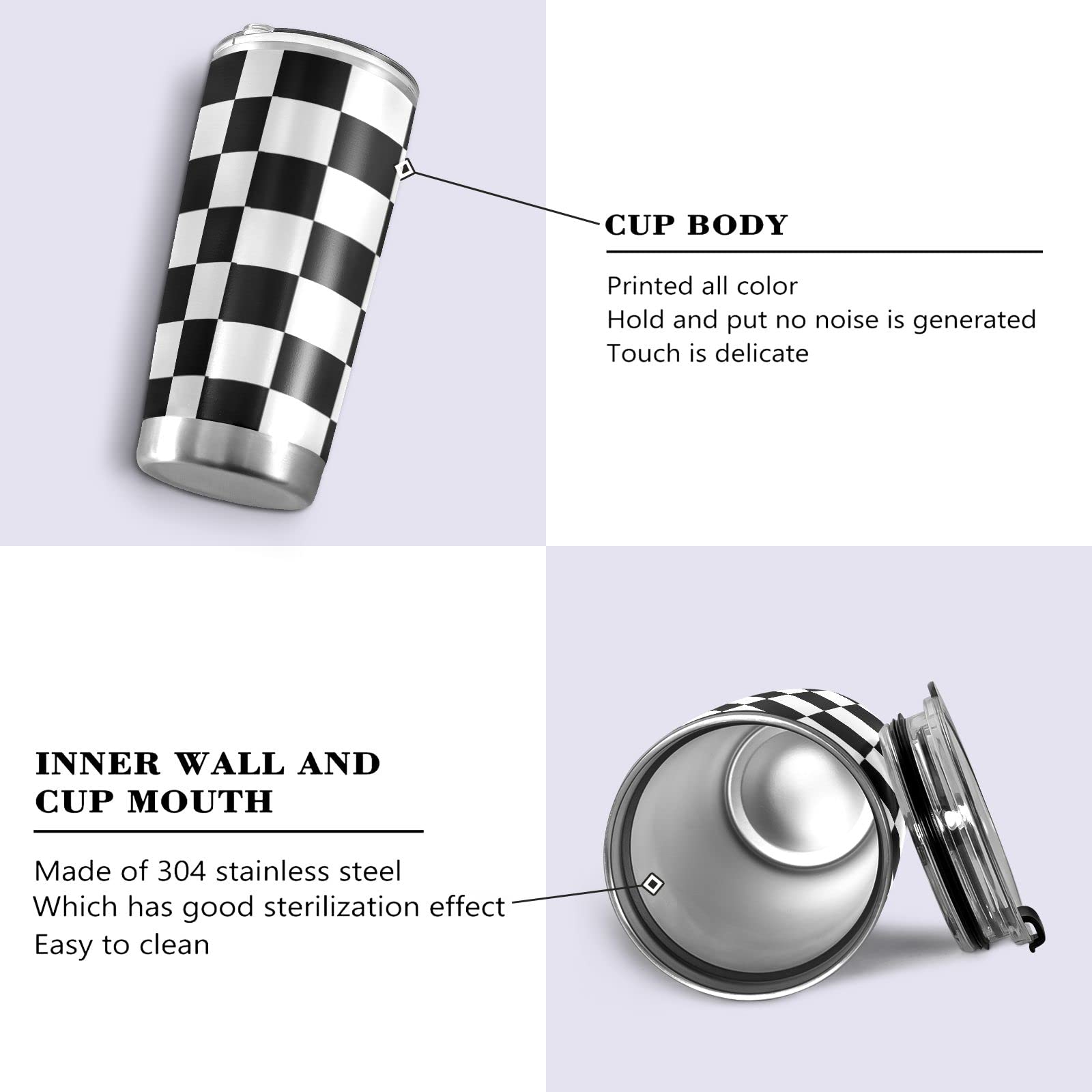 Cataku 20Oz Checkered Flag Racing Tumbler Cup With Lid And Straw Black And White Plaid Stainless Steel Vacuum Insulated Double W
