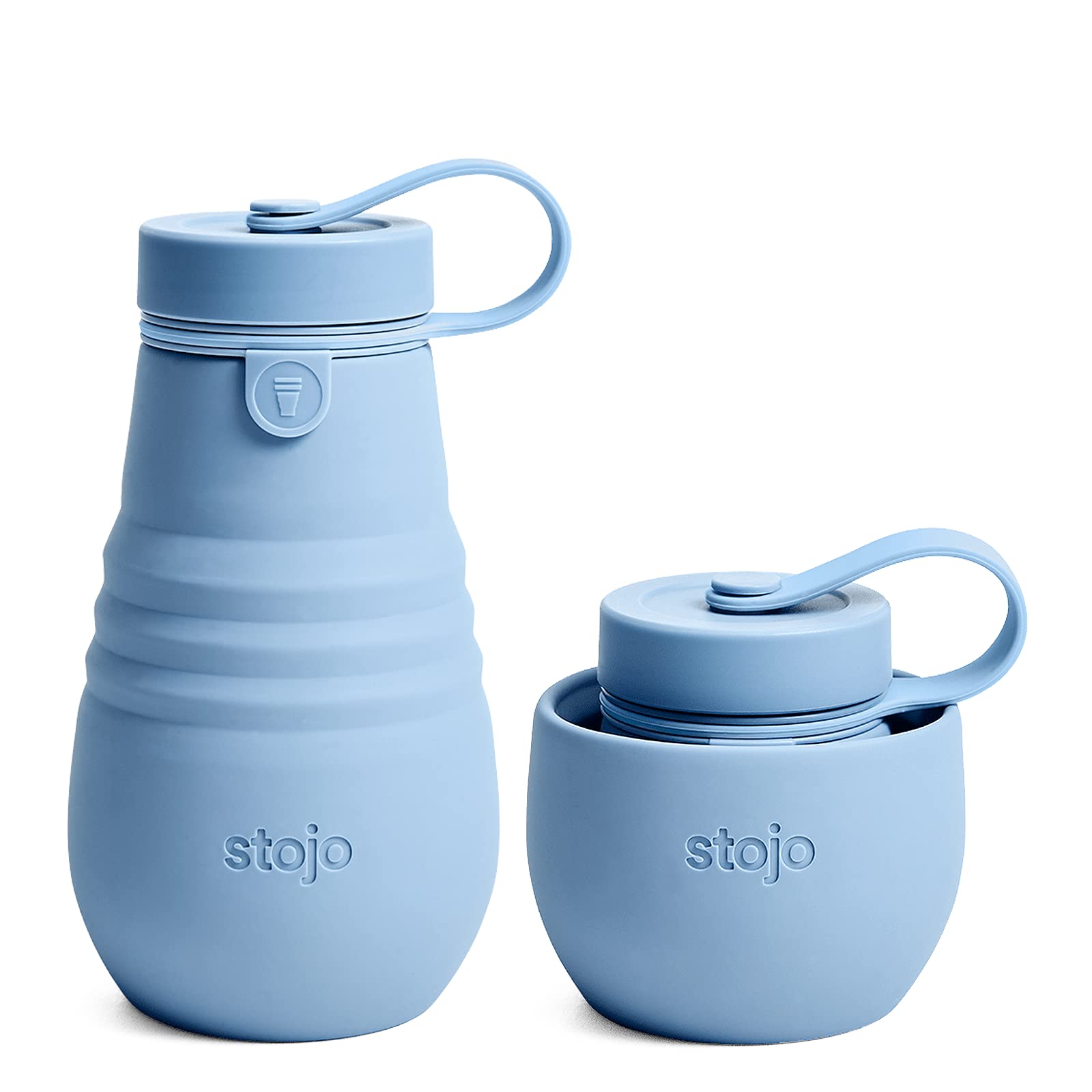 STOJO Jr Collapsible Bottle for Kids - Steel Blue, 14oz / 400ml - Leak-Proof Reusable Silicone Travel Cup for Hot & Cold Drinks 