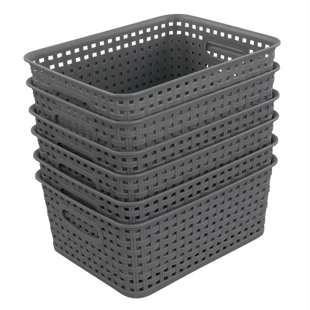 Sandmovie Grey Plastic Rattan Storage Baskets, 6 Packs