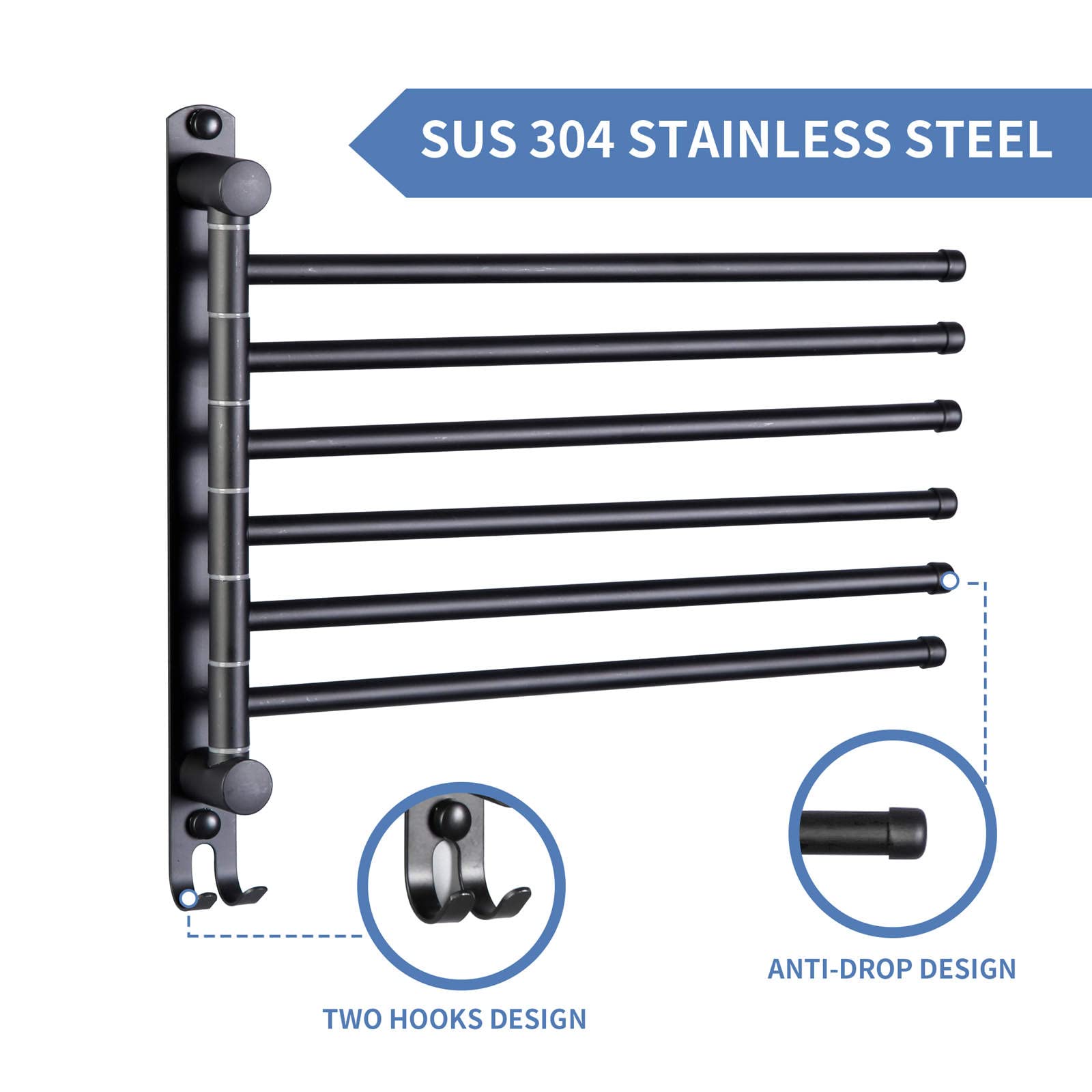 Swivel Towel Rack, Towel Bar With Wall Mounted 180 Rotation, 6 Arms Towel Hanger Sus 304 Stainless Steel, Space Saving For Kitch