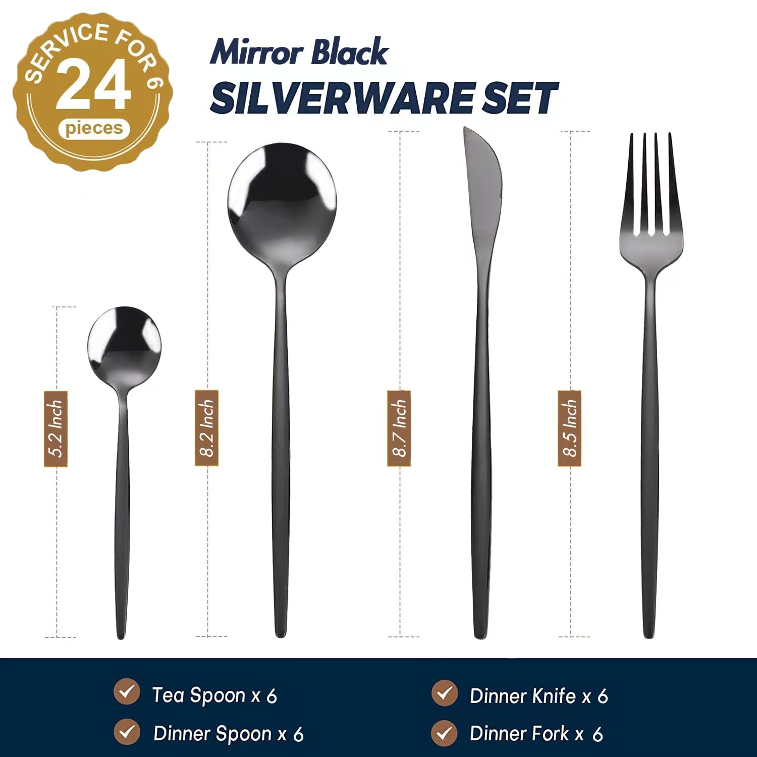 24-Piece Black Silverware Set Black Flatware Set For 6, Stainless Steel Cubiertos Cutlery Set, Forks And Spoons Apartment Utensi