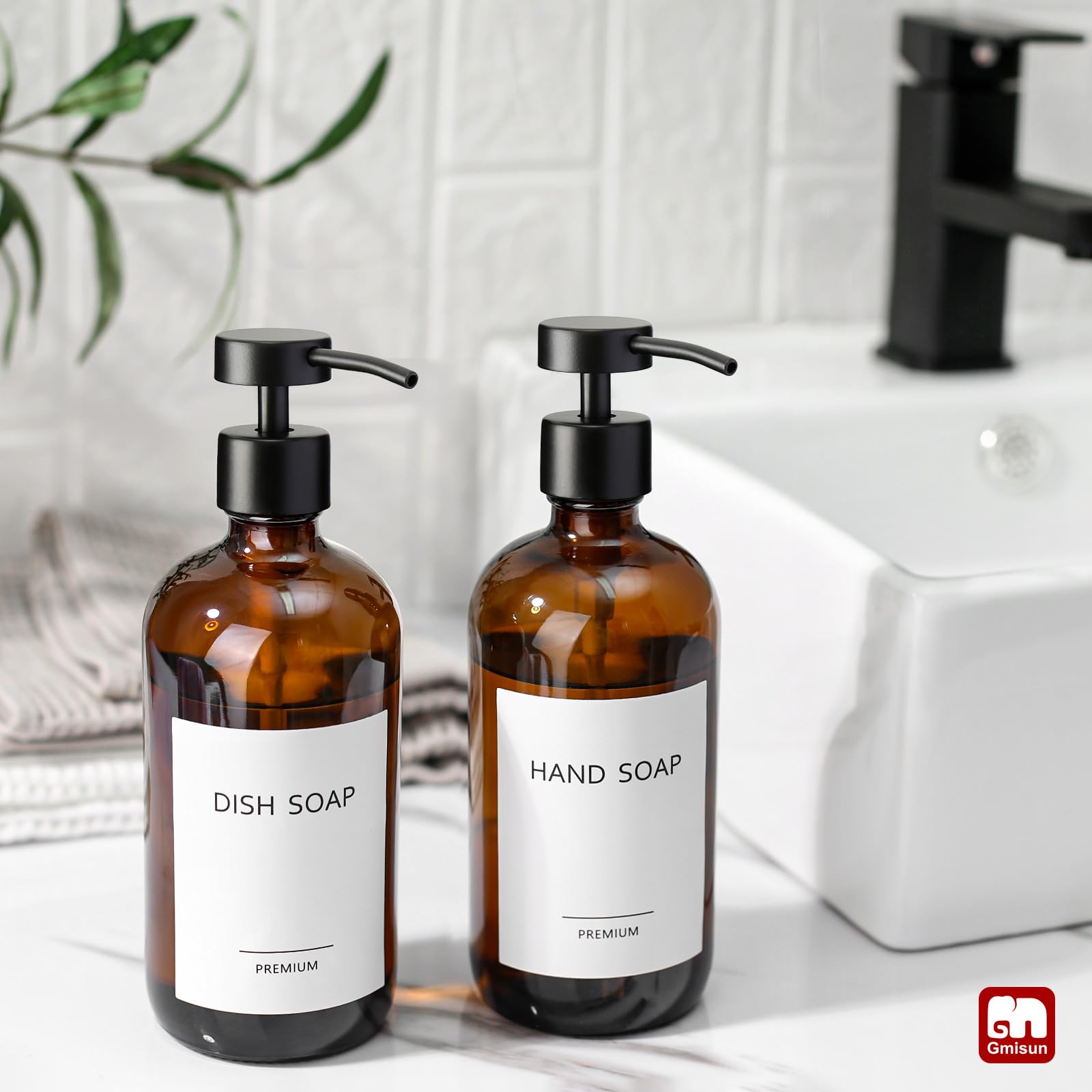 Gmisun Amber Glass Soap Dispenser, 2 Pack Bathroom Hand Soap Dispenser With Stainless Steel Flat Pump, 16Oz Kitchen Hand And Dis