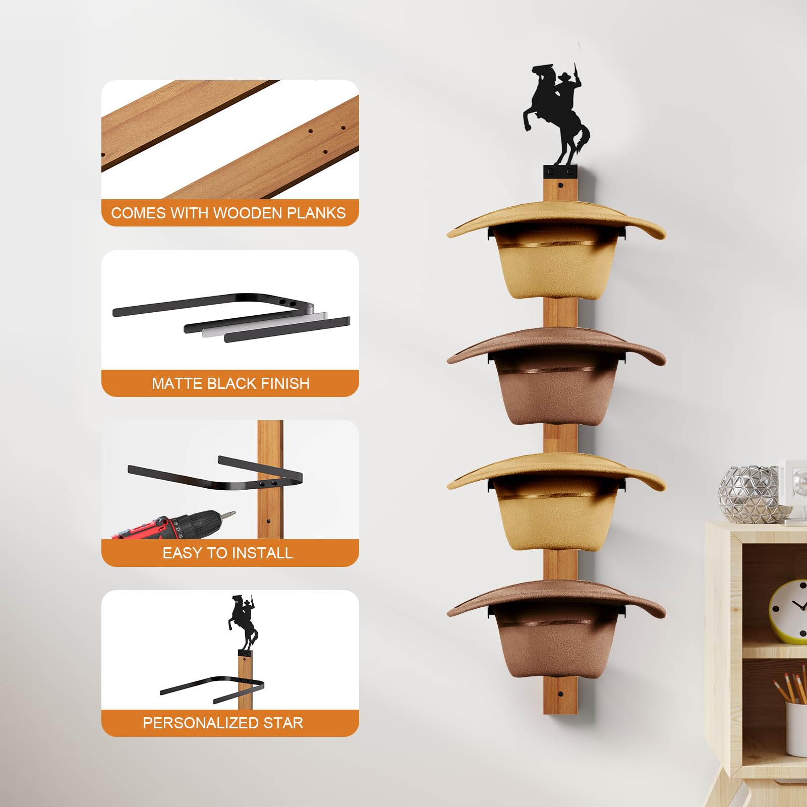 Fluffytree Cowboy Hat Rack, 4 Pieces Hat Rack For Cowboy With Wooden Board, Gift Cowboy Hat Holder Wall Storage-Organizer Wester