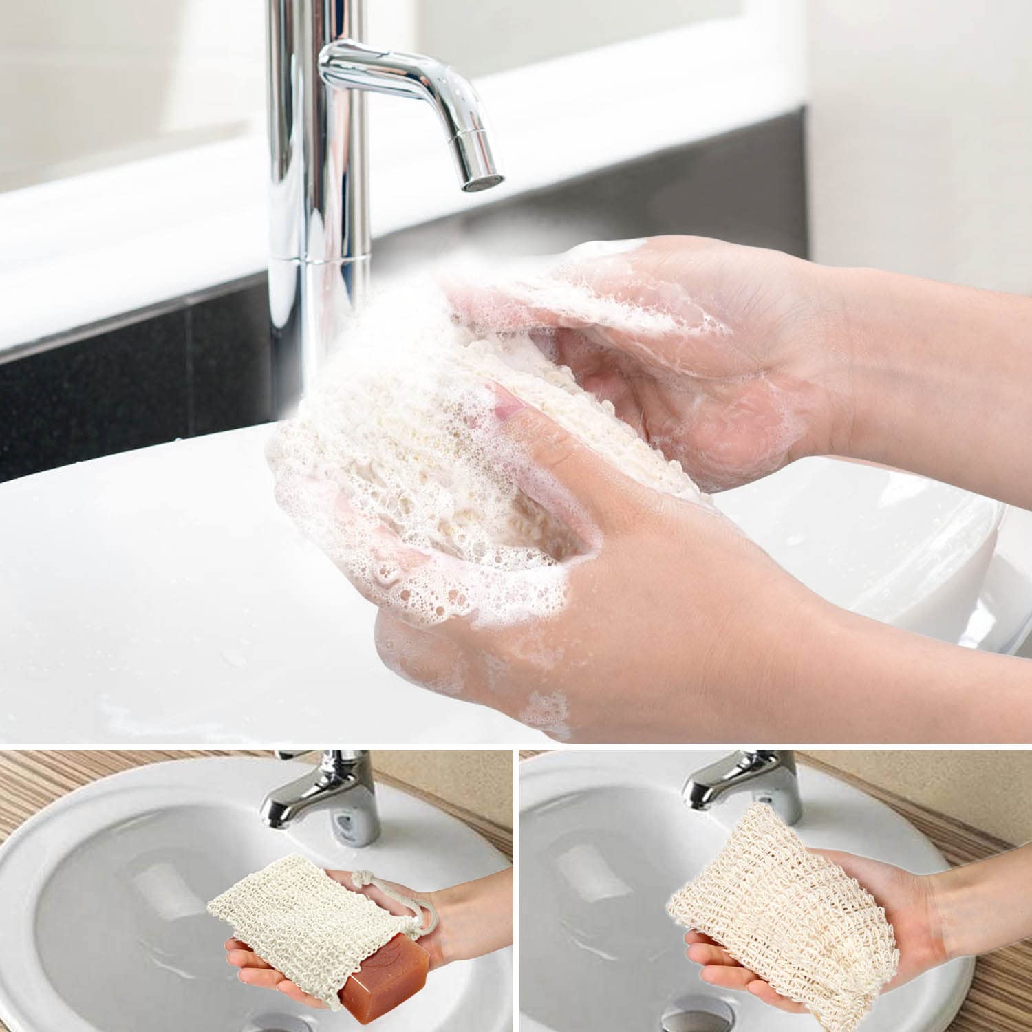 E-Know Soap Bag, 5 Pack Natural Sisal Soap Saver, Zero Waste Plastic-Free Soap Net, Foaming And Drying The Soap, Massage, Peelin