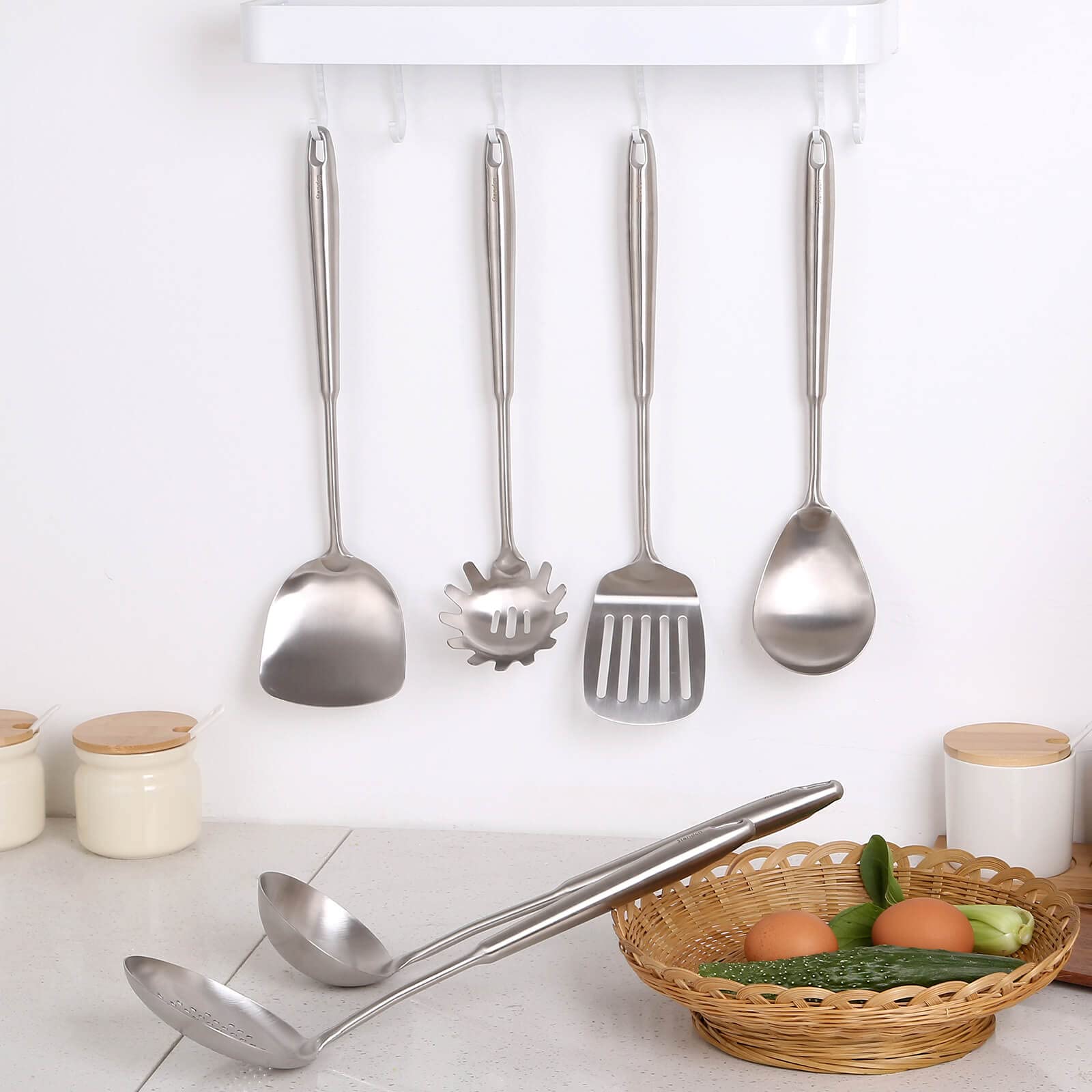 304 Stainless Steel Kitchen Utensils Set, 6 Pcs Metal Professional Cooking Spoons, Kitchen Tools - Wok Spatula, Ladle, Skimmer S