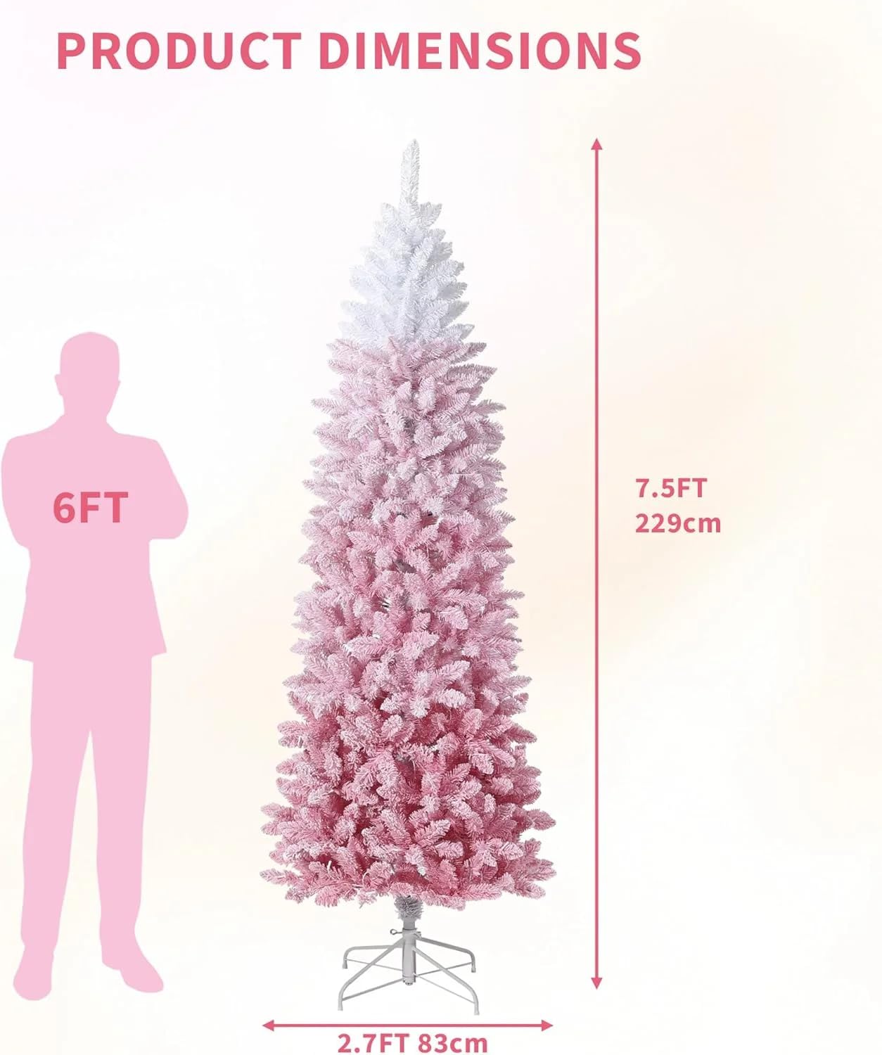 7.5ft Snow Flocked Pencil Christmas Tree with Pink Gradient, Slim Artificial Xmas Tree on Sturdy Metal Stand, Skinny Holiday Dec