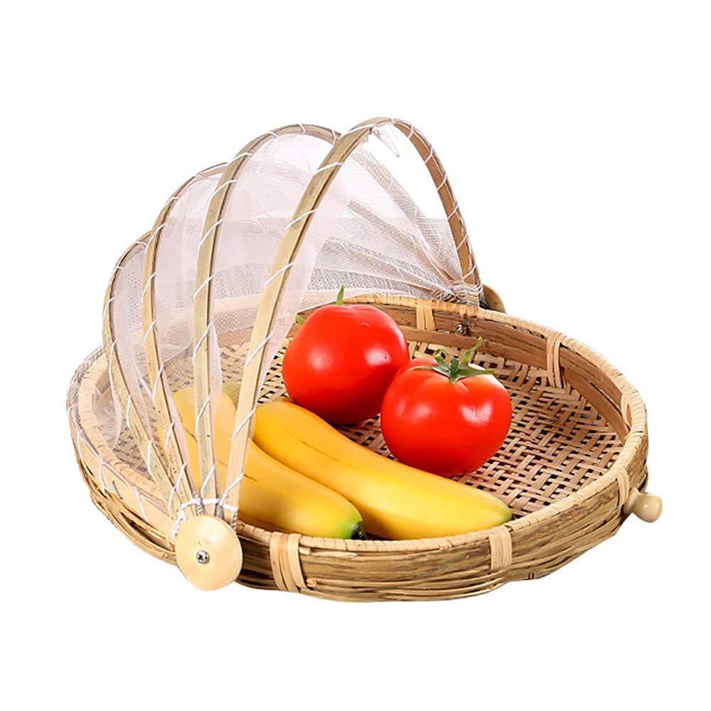Food Bamboo Food Serving Tent Basket Hand-Woven Basket Serving Dustproof Round Picnic Basket Vegetable Fruits Bread Food Home Fo