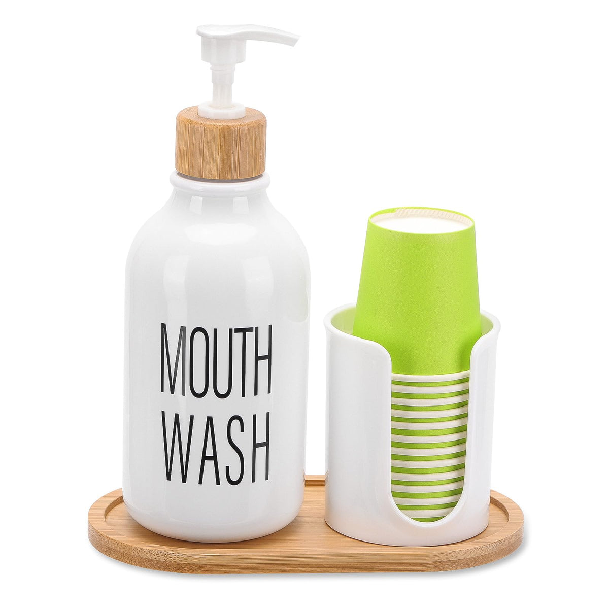 Mouthwash Dispenser With Cup Holder, Plastic White Mouth Wash Pump Bottle With Tray For Bathroom Organizers, 17Oz Refillable Cle