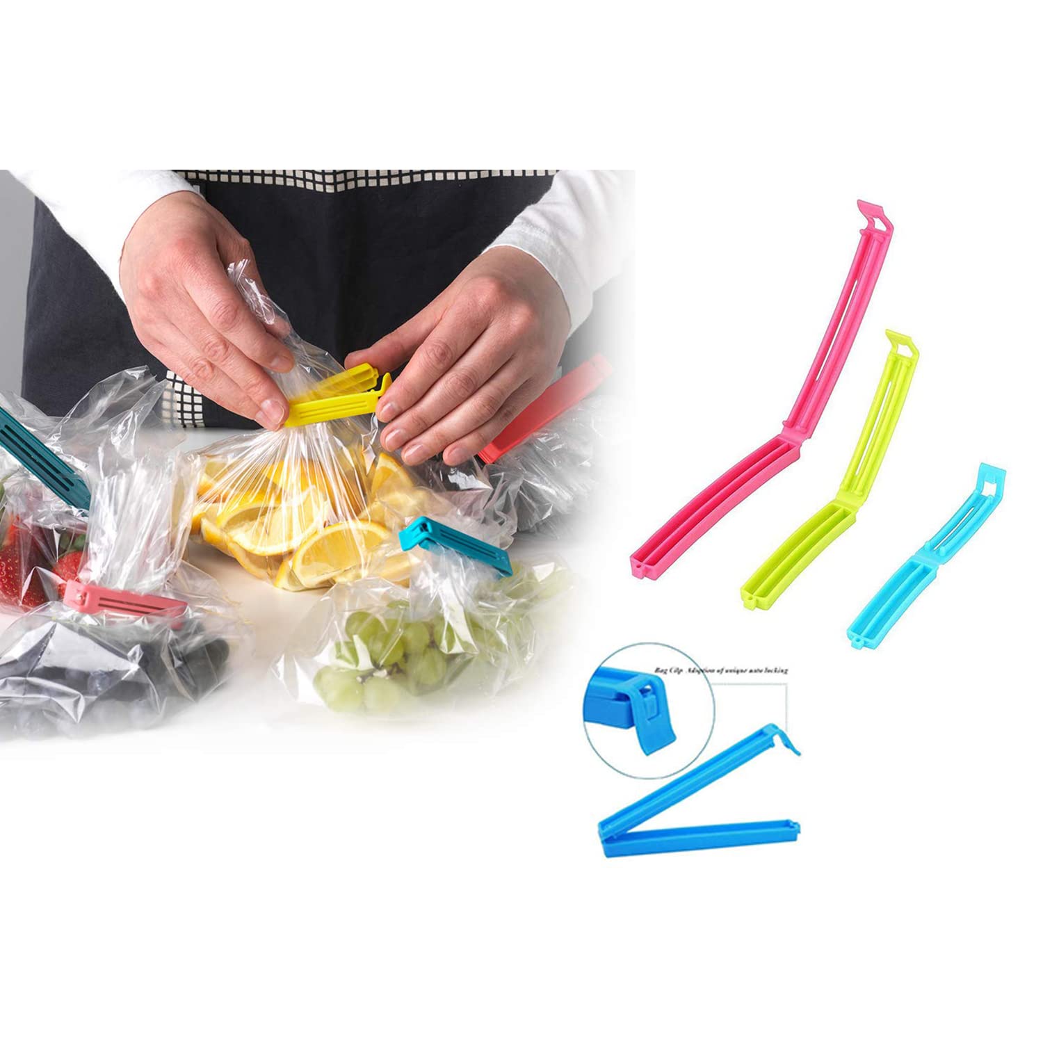 Kitchenwell 18 Pcs - 3 Different Size Plastic Food Snack Bag Pouch Clip Sealer Large, Medium, Small Plastic Snack Seal Sealing B