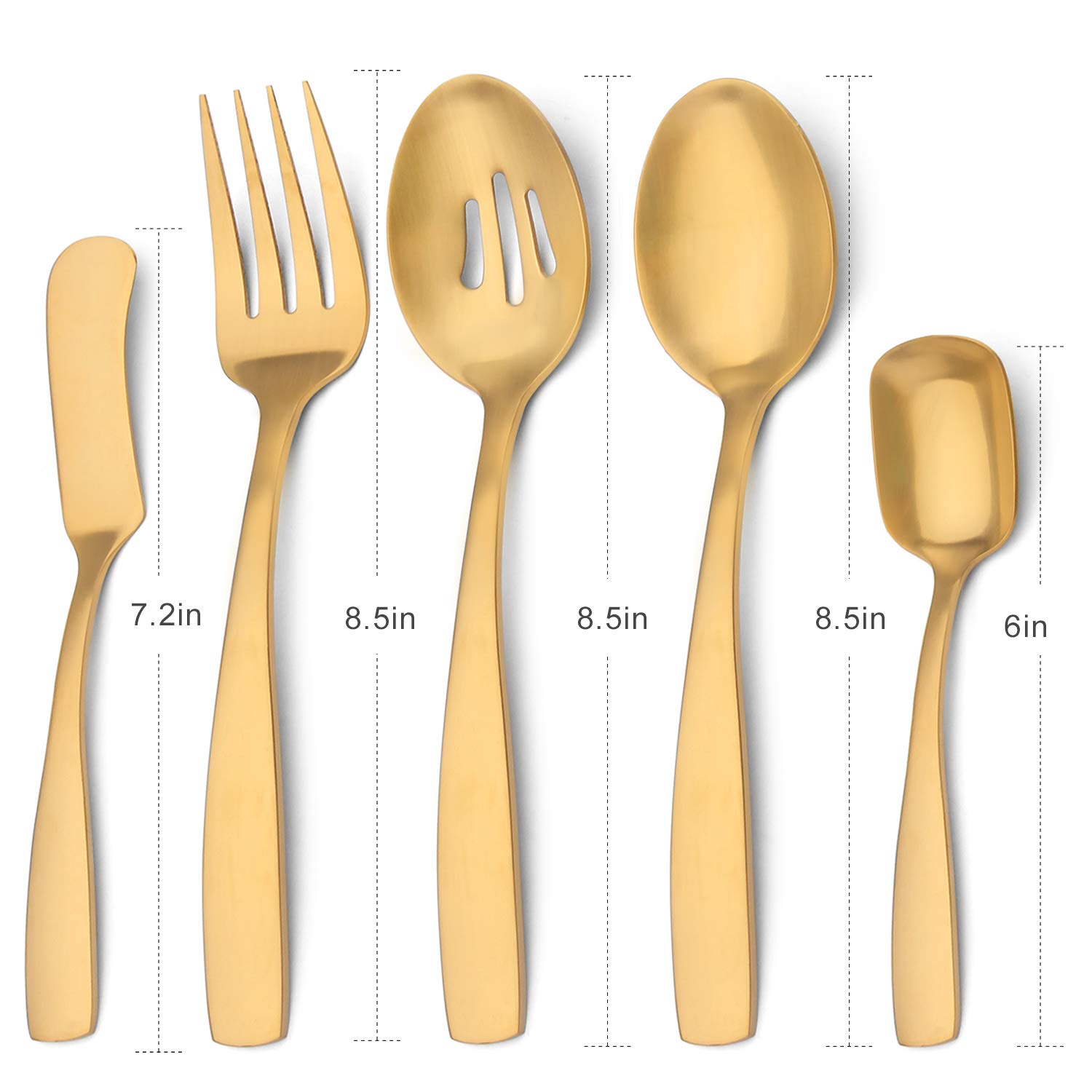 O.C.E. 5-Piece Matte Gold Serving Flatware Silverware Set, Utensil Set Of Stainless Steel, Satin Finish, Hostess Tableware Servi