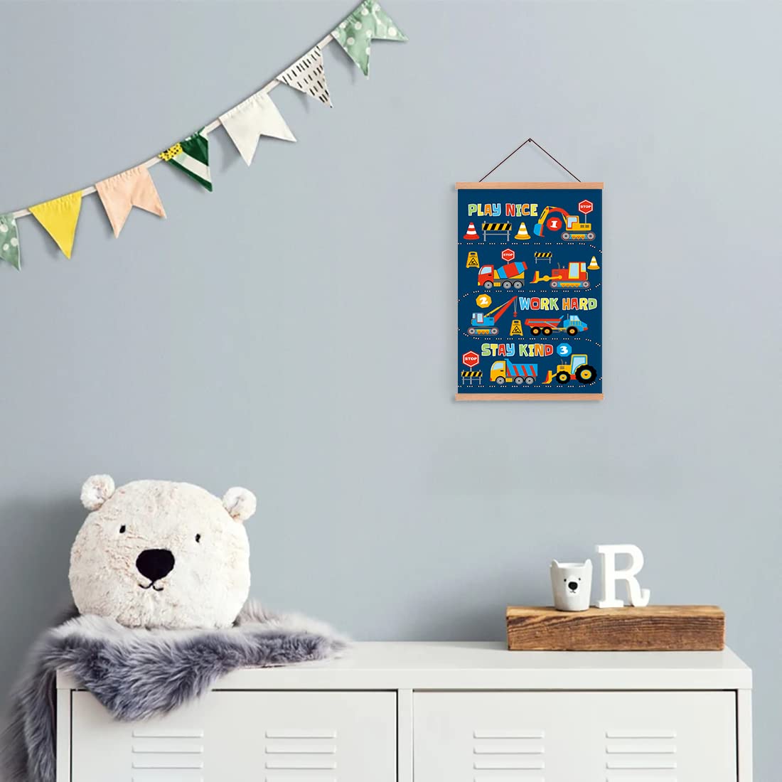 CHDITB Transport Vehicle Art Print Construction Magnetic Natural Wood Hanger Frame Poster Canvas Inspirational Quote-Play Nice Work Hard Stay Kind Painting 28X45cm Wall Hanging for Nursery Decor