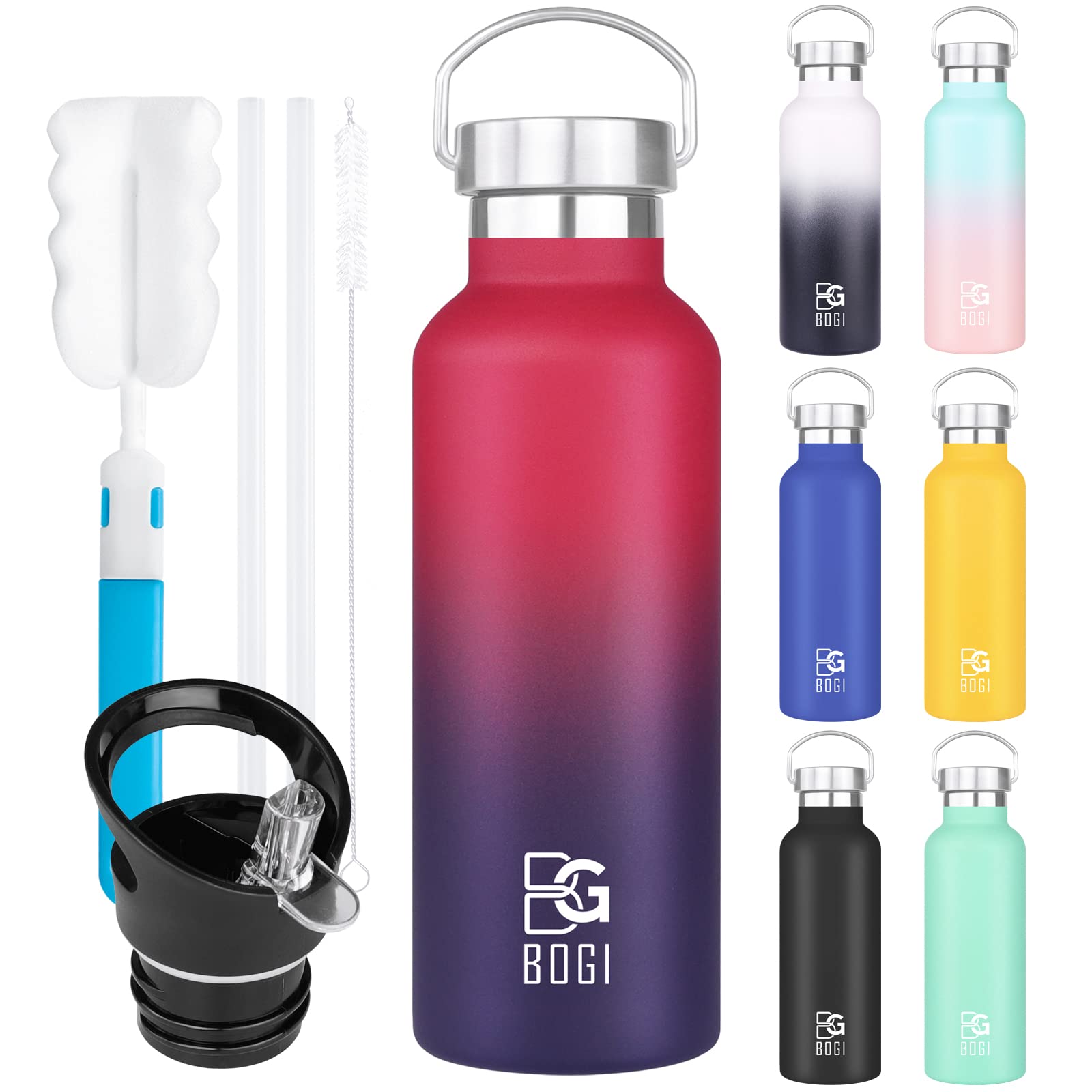 BOGI Stainless Steel Water Bottle  25oz Vacuum Insulated Water Bottle with Straw Lid  BPA Free Leakproof Wide Mouth Water Bottle-Keep Liquids Hot or Cold for Outdoor Sports Camping Biking (DRed)