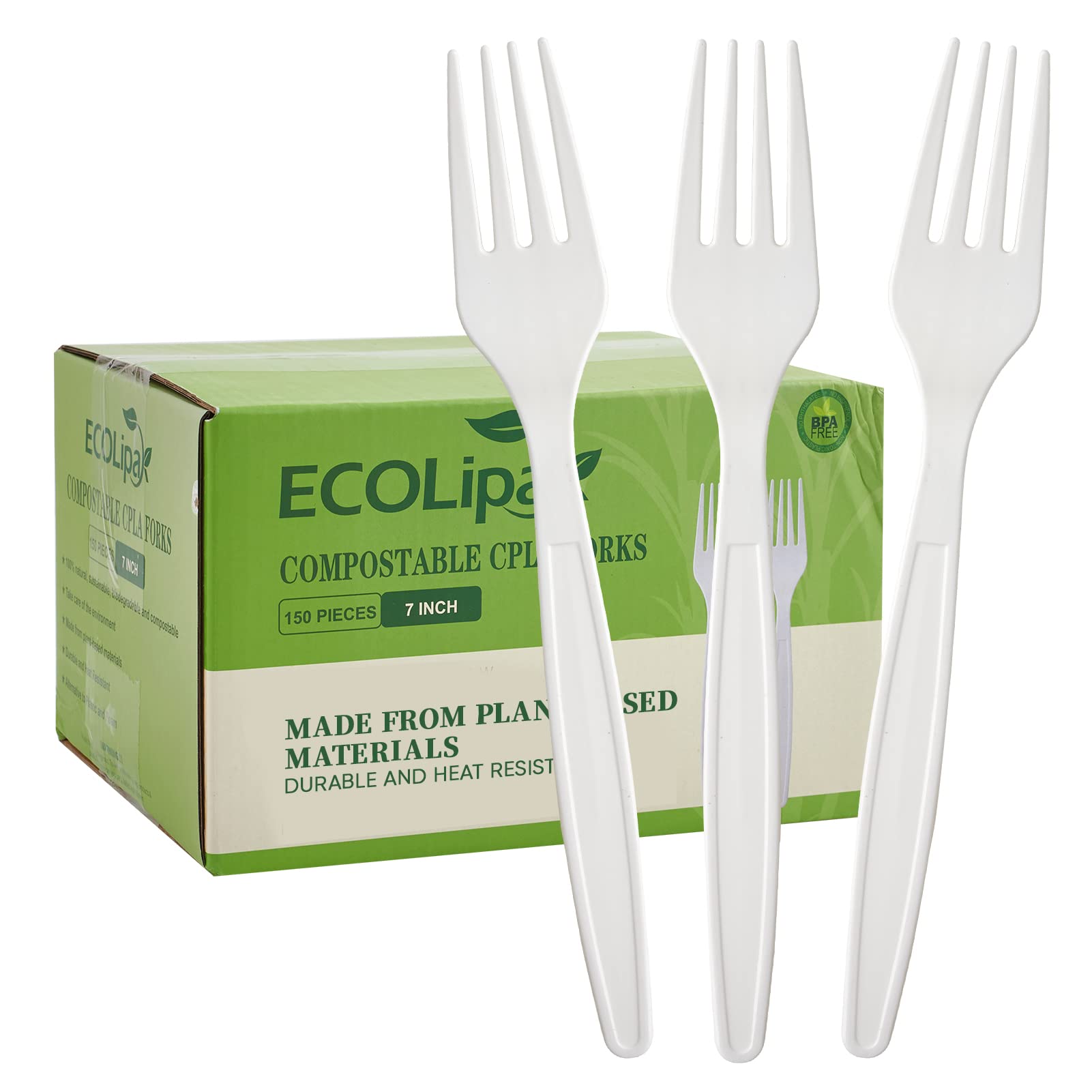 Ecolipak 100% Compostable Forks 150 Pack, 7'' Large Size Biodegradable Disposable Cutlery Forks, Heavy Duty Bio Based Cpla Utens