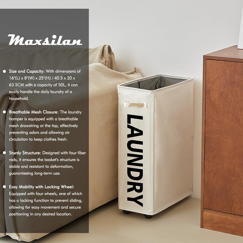Maxsilan 25'' Slim Rolling Laundry Basket On Wheels, 50L Collapsible Narrow Corner Laundry Hamper, Foldable Storage Bins, Beige