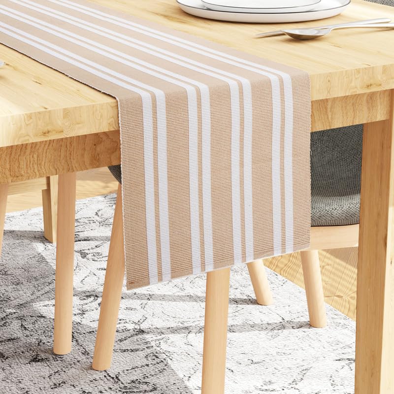 Encasa Xo Dining Table Runner 13''X59'' | Yarn Dyed Fine Ribbed Cotton | Franca Beige Stripes | Machine Washable