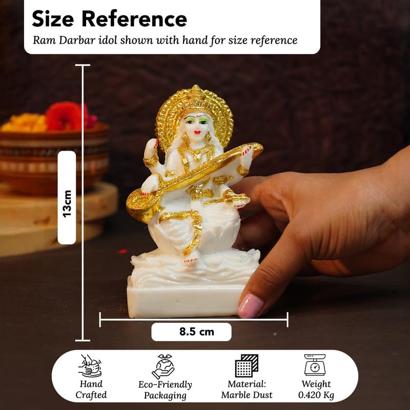 Ekhasa Aura Series Marble Dust Maa Saraswati Idol (5 Inch) | Gold Plated Saraswati Maa Murti For Study Table, Pooja Room & Home