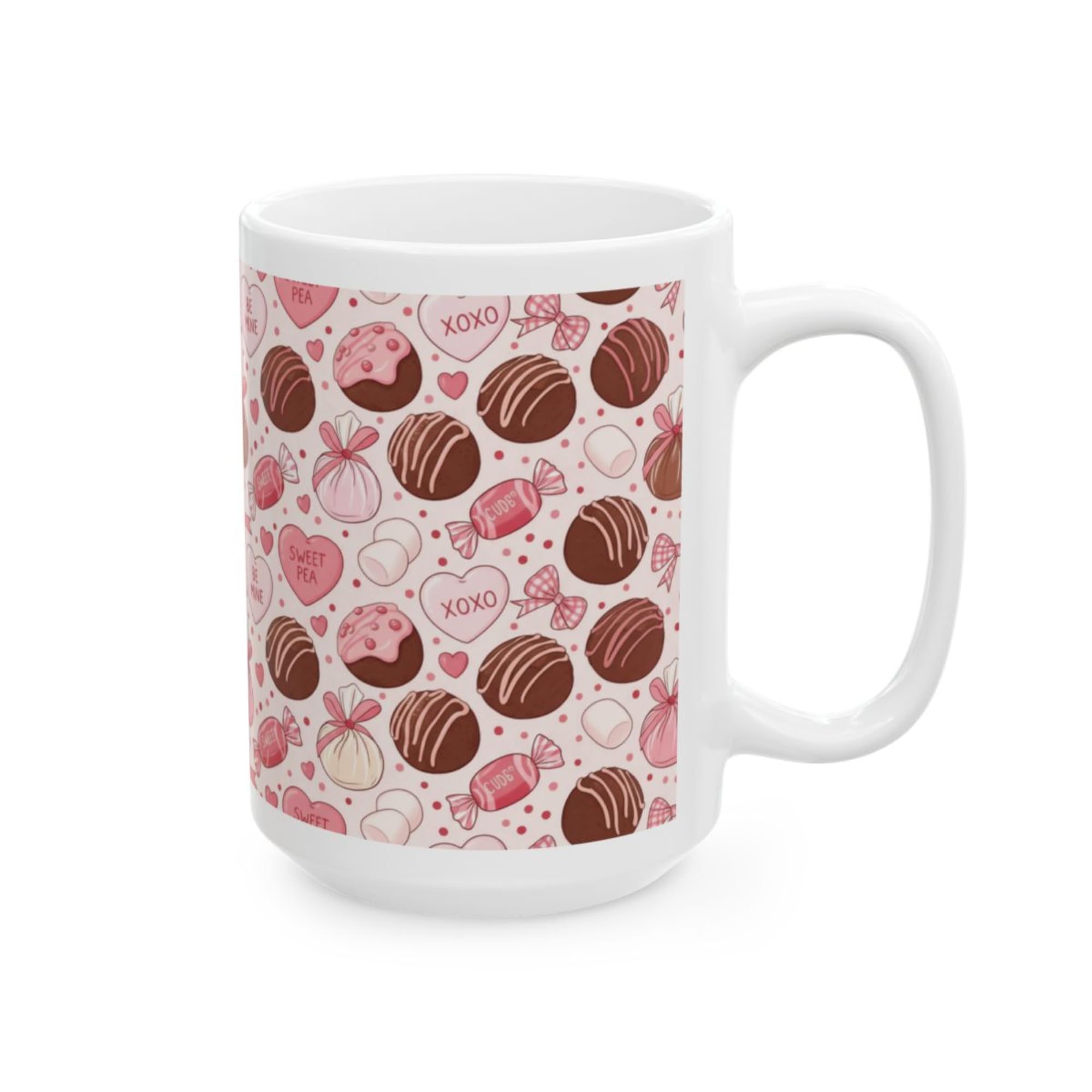 Lair Gadgets Valentine Coffee Mug with Chocolate Truffle & Candy Heart Pattern, 15 oz White Ceramic Coffee Mug, Cute Sweet Treat