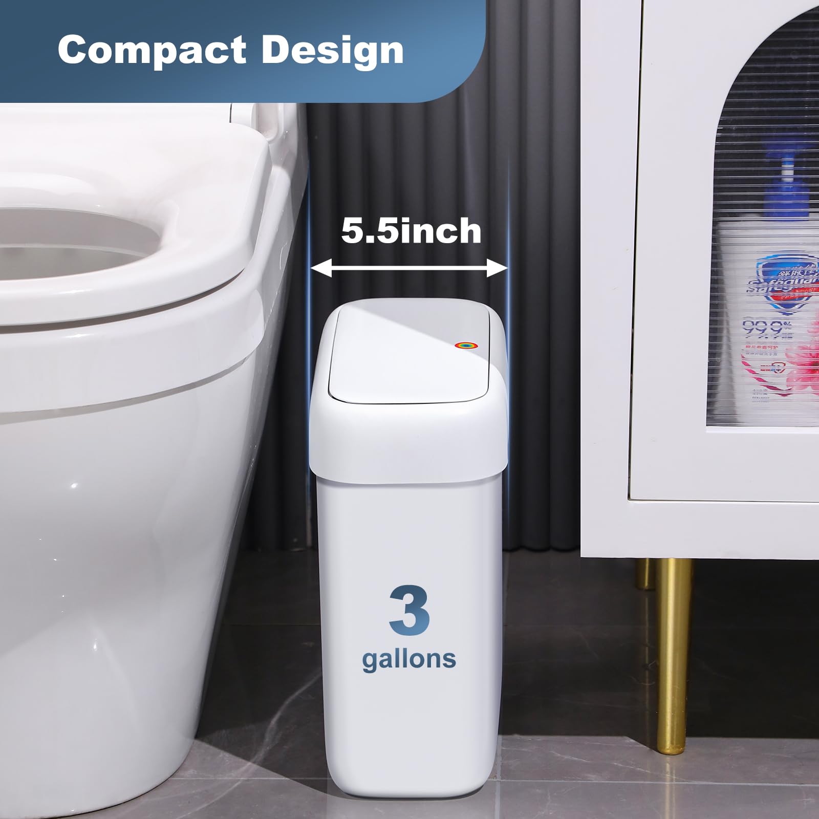 Joybos Bathroom Trash Can With Lid,3 Gallon Small Garbage Can With Press Top Lid,10L Dogproof Slim Plastic Narrow Trash Bin With