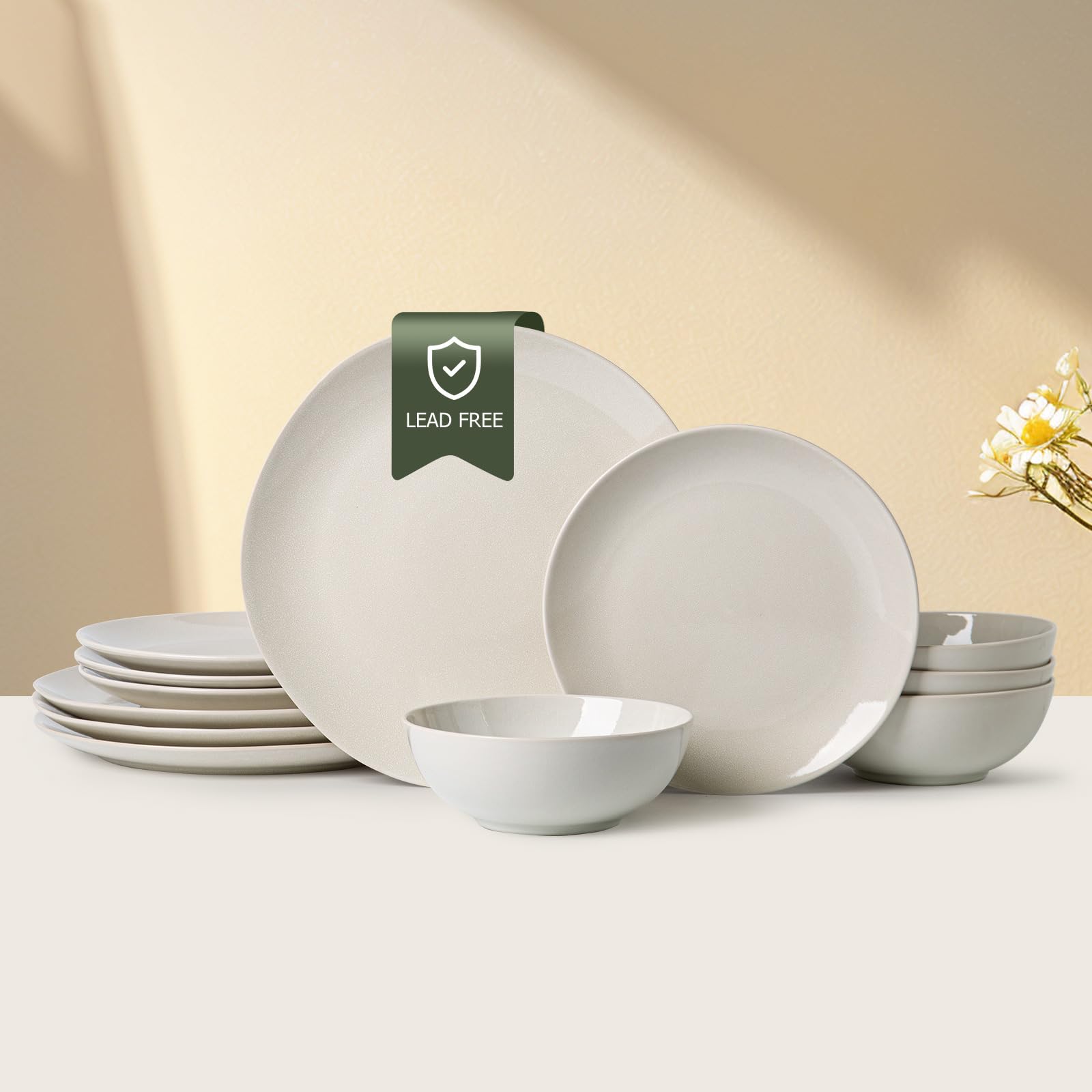 Ceramic Dinnerware 12 Pieces glazed cream white Dinner Set,Plates Pasta Bowls Cereal Bowls Reactive Change Glaze Dish Sets, Mode