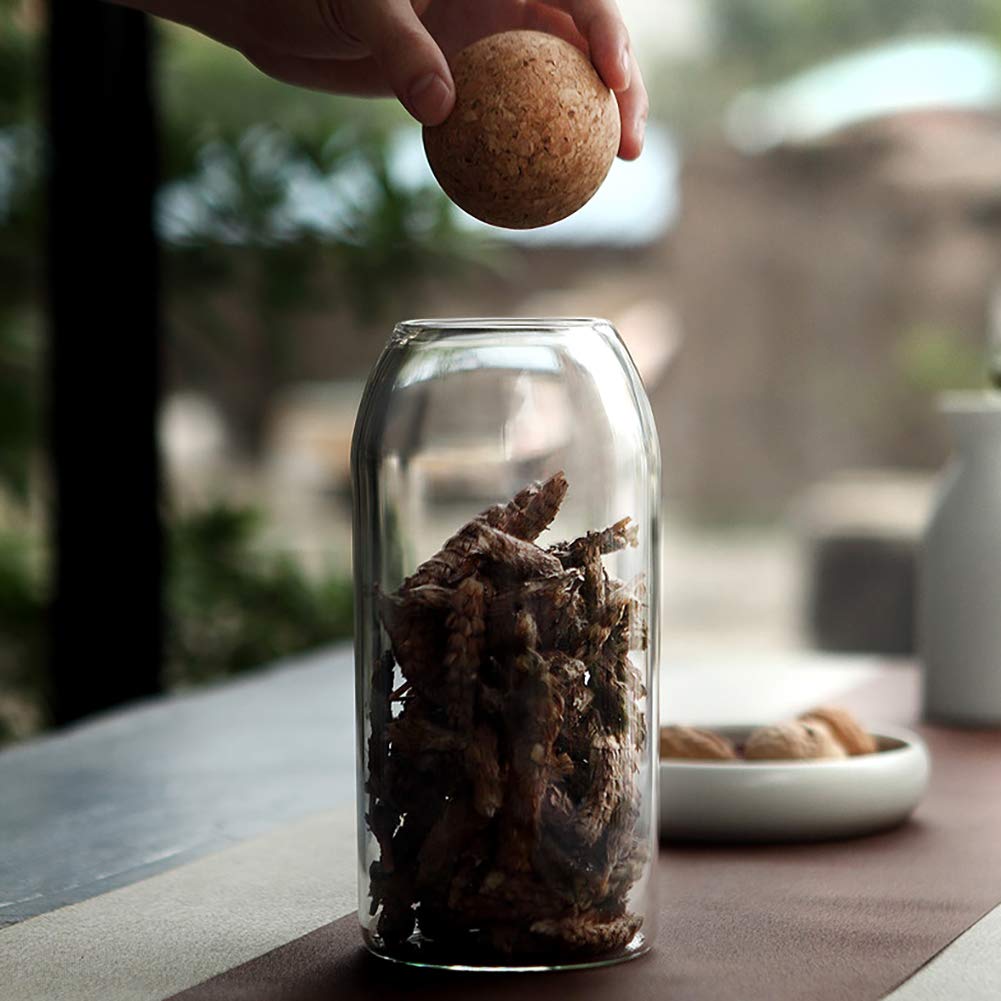 Moladri 500Ml/16Oz Clear Glass Storage Cute Canister Holder Ball Wood Cork Top, Modern Decorative Cylinder Container Jar With Ro