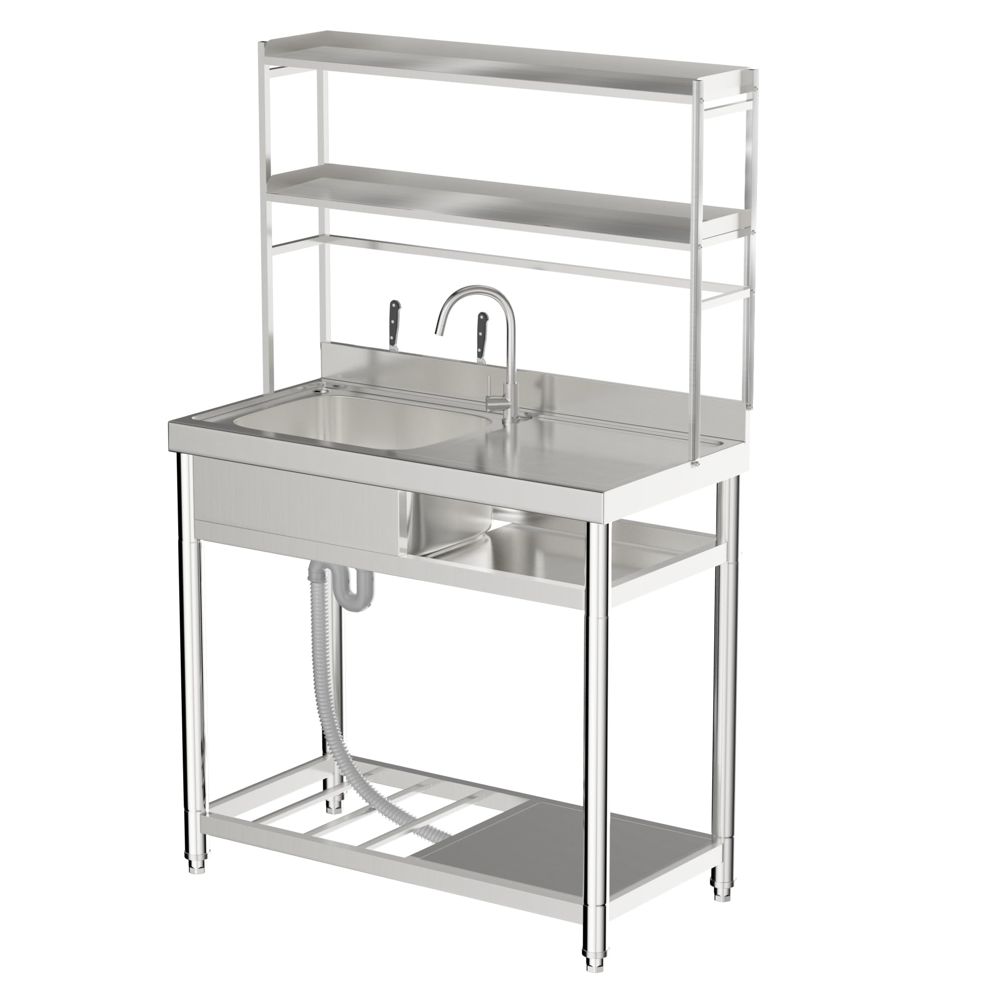 Roomtec 304 Stainless Steel Utility Sink Set, Single Bowl Commercial Sink With Drainboard And Hanging Tools For Kitchen, Garage,