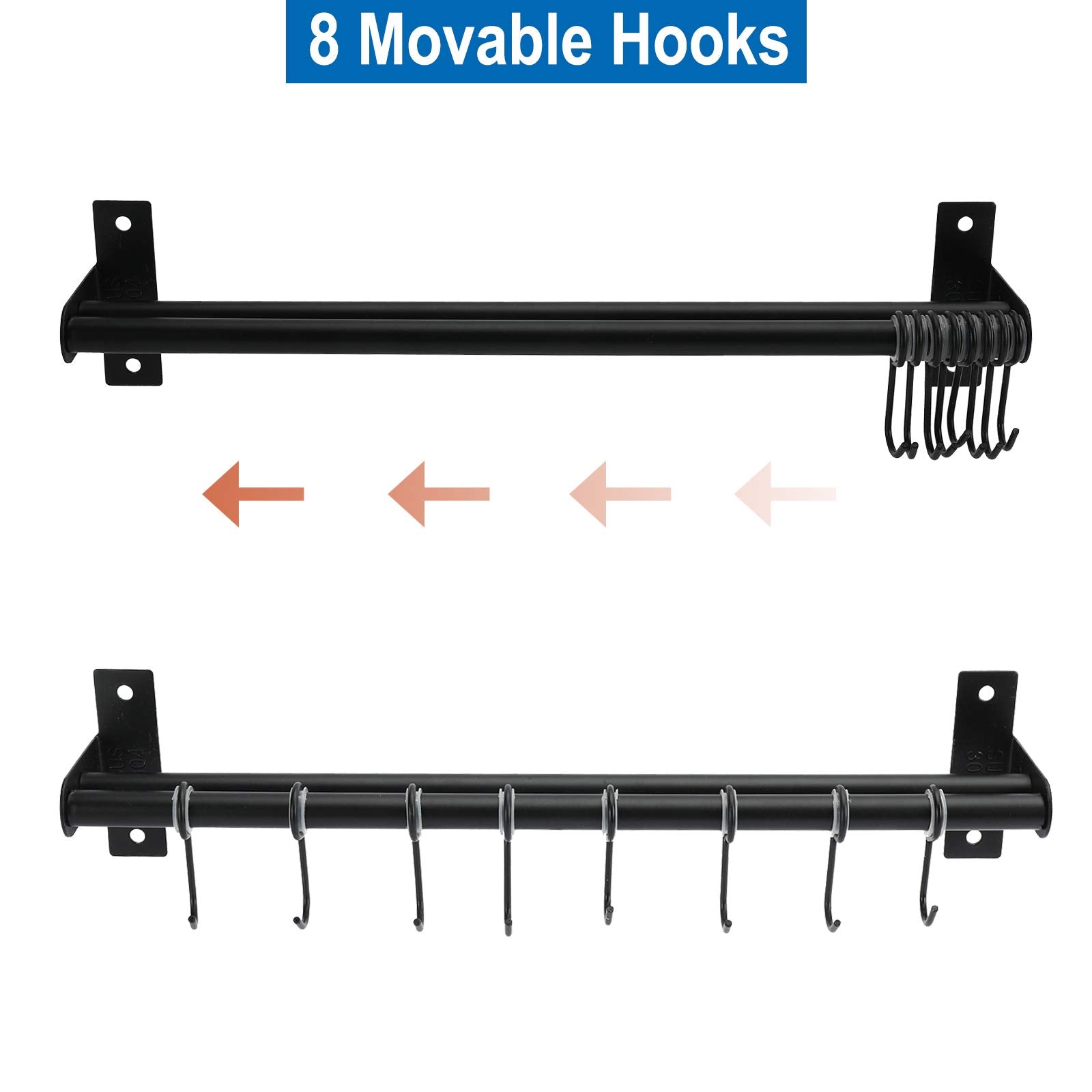 Patioer Pot Rack, Pots And Pans Hanging Rack Rail With 8 Hooks, Double Bars, Pot Hangers For Kitchen, Wall Mounted, Black, 2 Pac