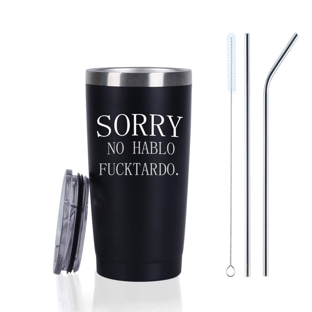 Sorry No Hablo Fuctardo Travel Tumbler, 20Oz Insulated Stainless Steel Tumbler With Lid And Straws, Funny Christmas Birthday Gif
