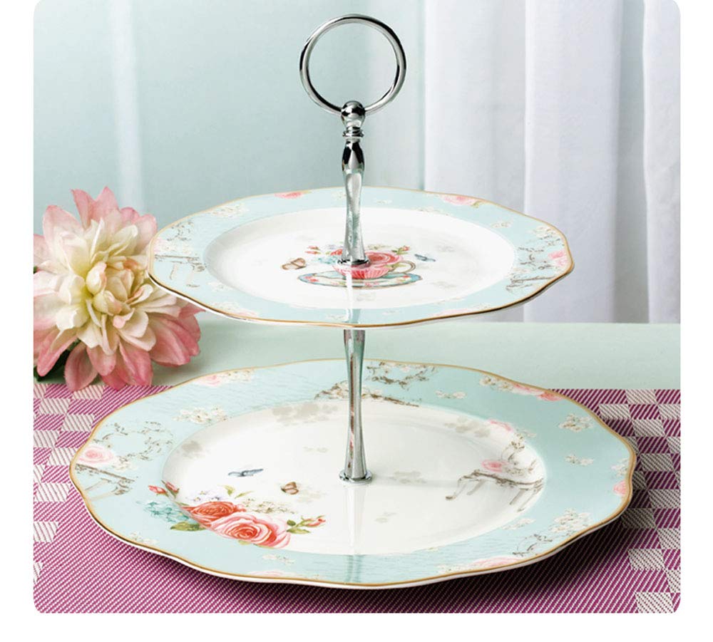 Linlins Elegant Bone China Rose Pattern 2-Tier Cake Stand/ Cupcake Stand/ Pastry Serving Cake Stand In Gift Box (Rose B)