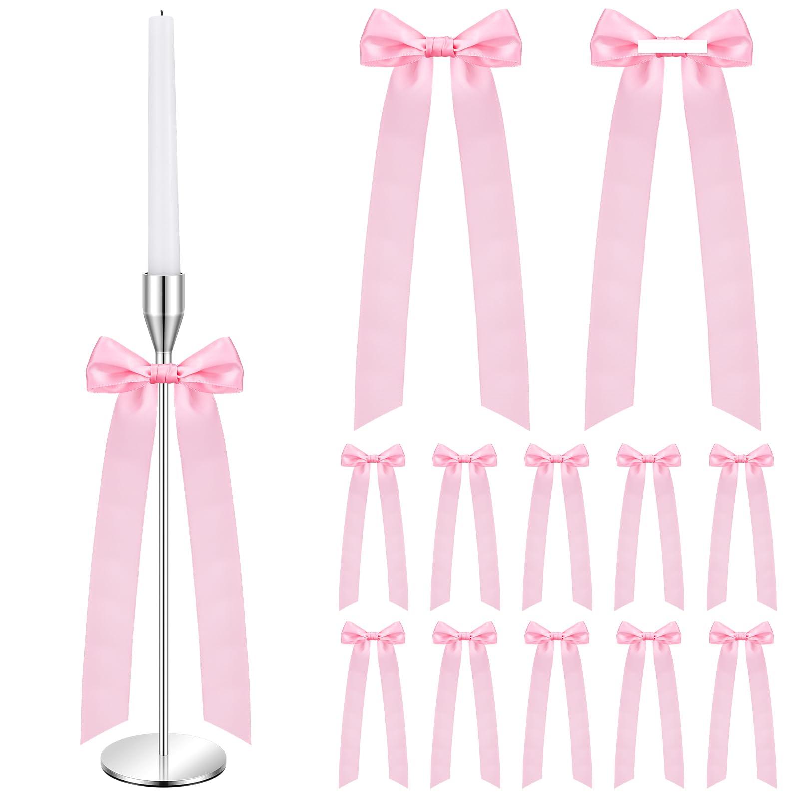 Teenyyou 12 Pcs Pink Christmas Candlestick Bows Decor 13 Inch Large Coquette Decorations Bows for Table Self Adhesive Candle Hol