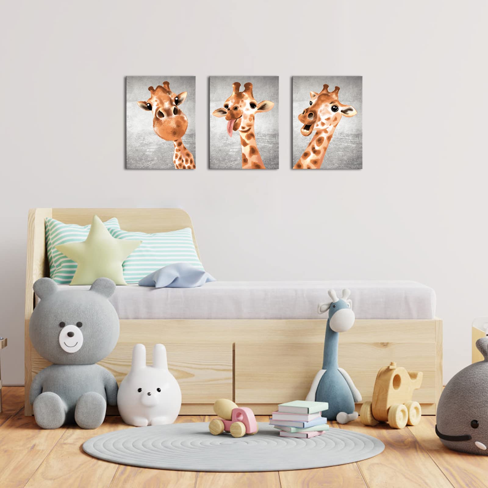 VVOVV Wall Decor Giraffe Decor Picture Animal Wall Art Funny Nursery Wall Decor Framed Ready to Hang  12inx16inx3Pieces