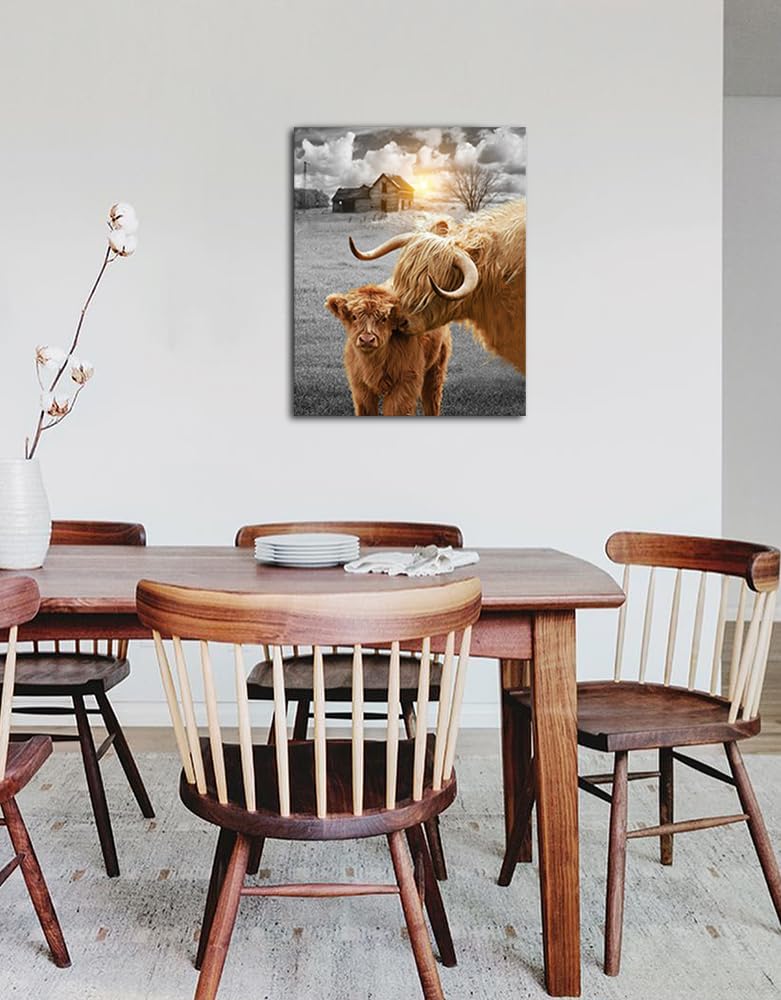 Highland Cow Wall Art Canvas Print Farmhouse Cow Picture Longhorn Cattle Animal Painting Stretched And Framed For Wall Decor 16X