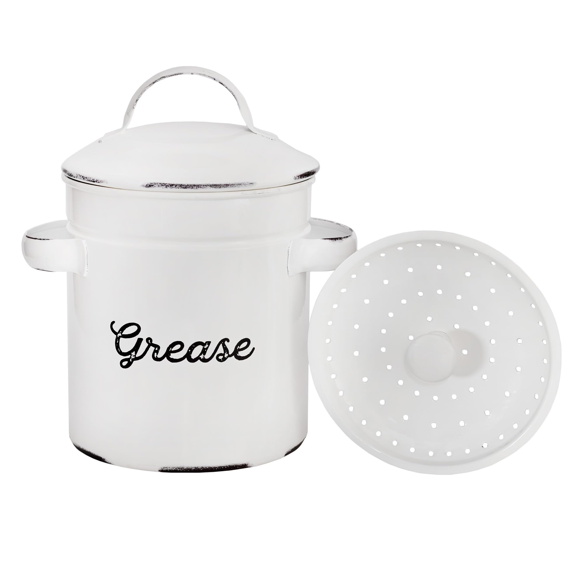 Auldhome Enamelware Grease Container With Strainer, Farmhouse Style Kitchen Storagetin, Labeled ''Grease''