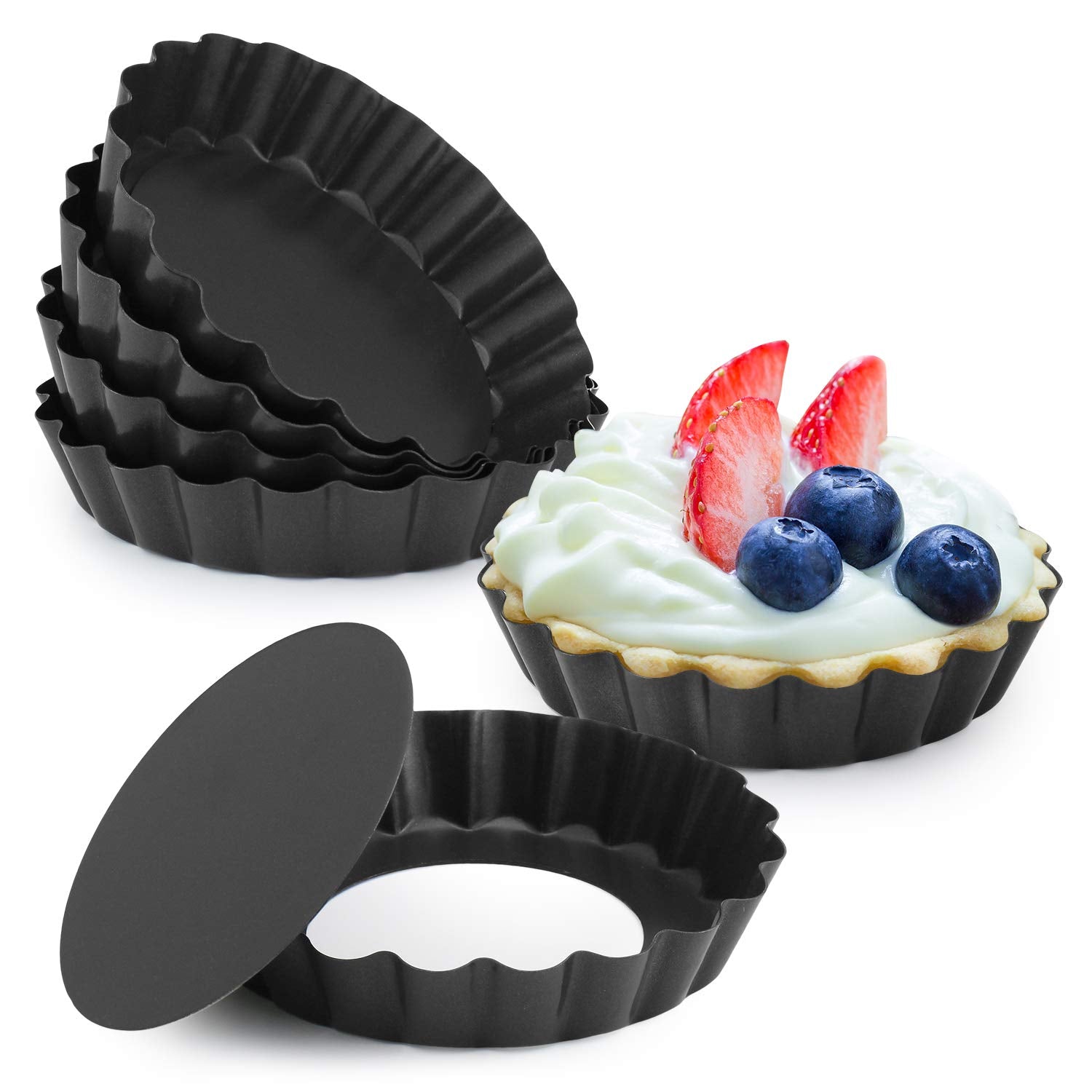 Laxinis World 4    Quiche Pans With Removable Bottom, Non-Stick, Fluted Sides, Mini Tart Pans, Round Shape, Set Of 6