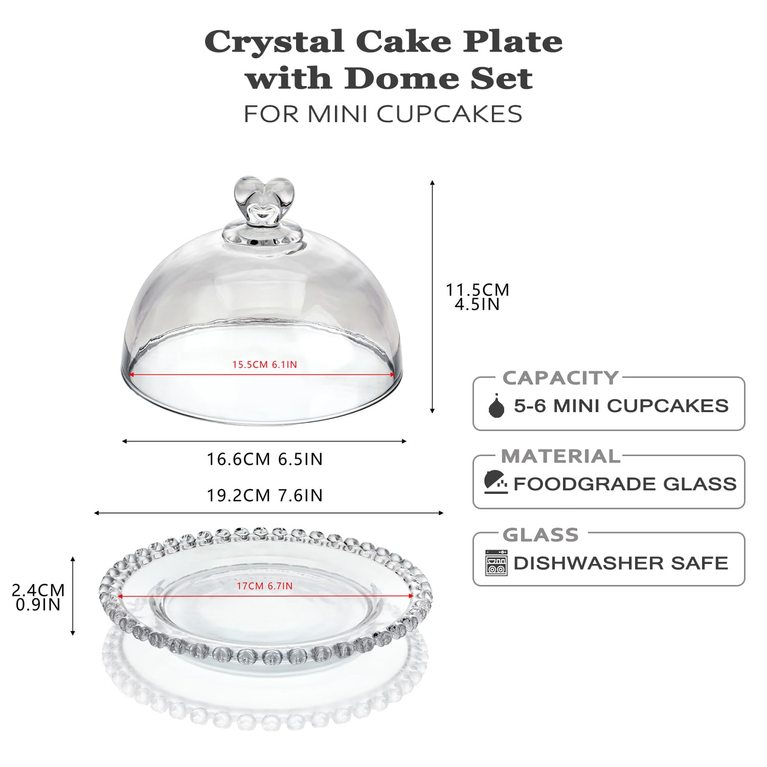 7X5In Crystal Cake Plate With Dome, Cake Stand With Cover, Round Pattern Glass Serving Platter With Lid For Kitchen Dining Baker