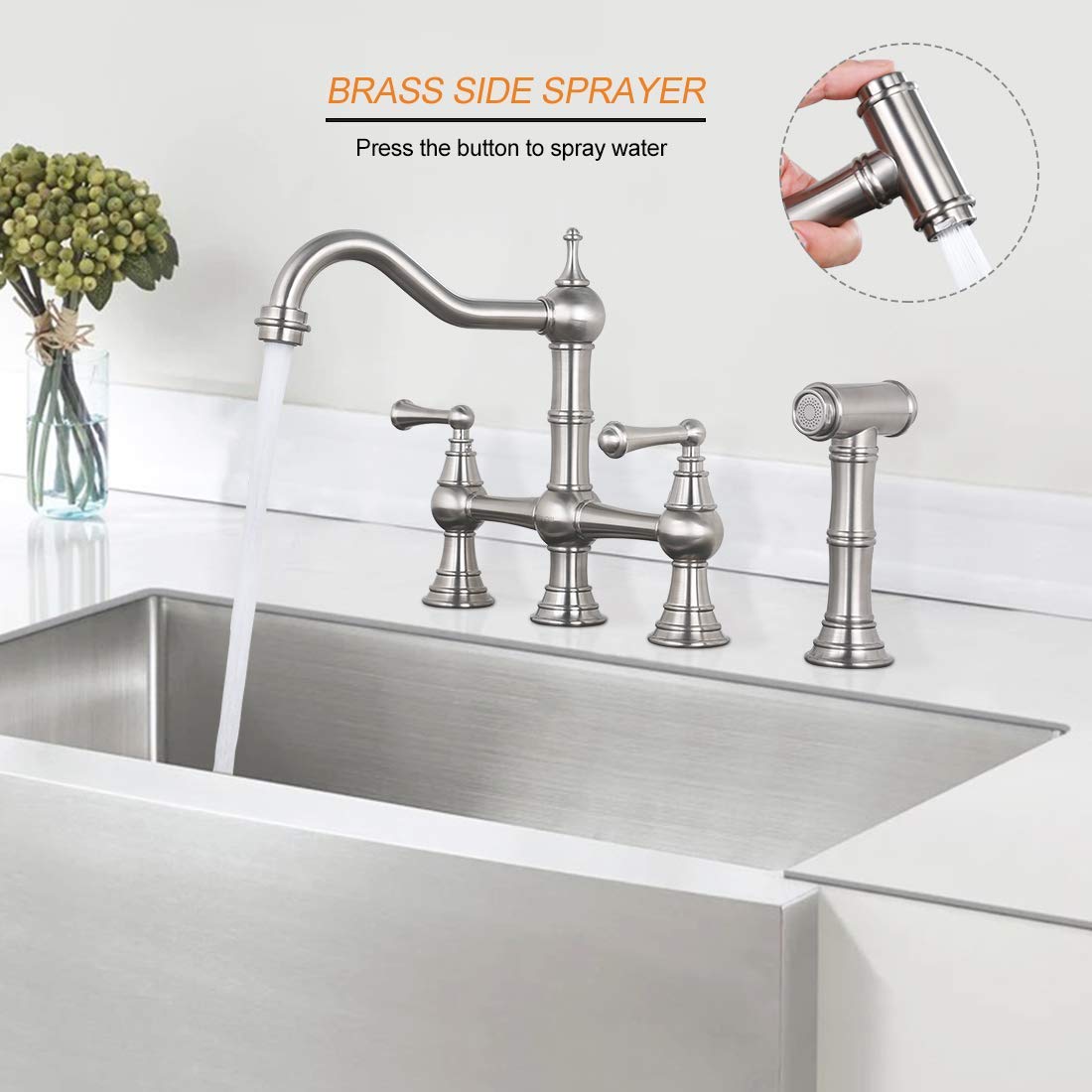 WOWOW 8 inch Centerset Bridge Kitchen Faucet with Brass Side Sprayer 2 Handles 4 Holes Antique Classic Heritage Deck-Mount Kitchen Sink Faucet  Brushed Nickel