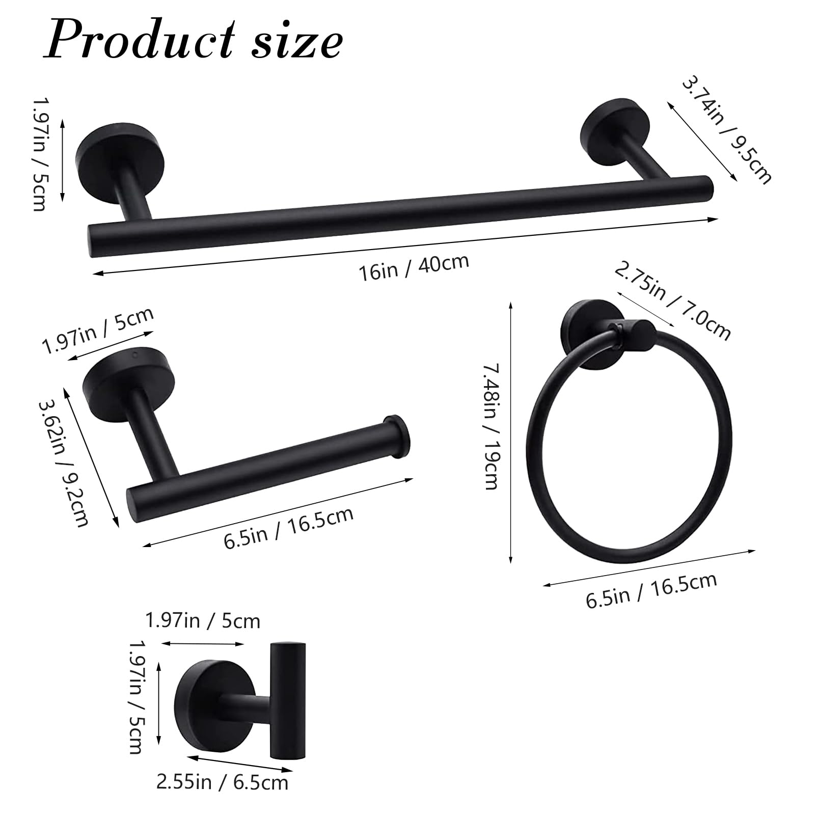 5-Pieces Matte Black Bathroom Accessories Set  Stainless Steel Bathroom Hardware Set  Bath Towel Bar Set  Towel Racks for Bathroom Wall Mounted.