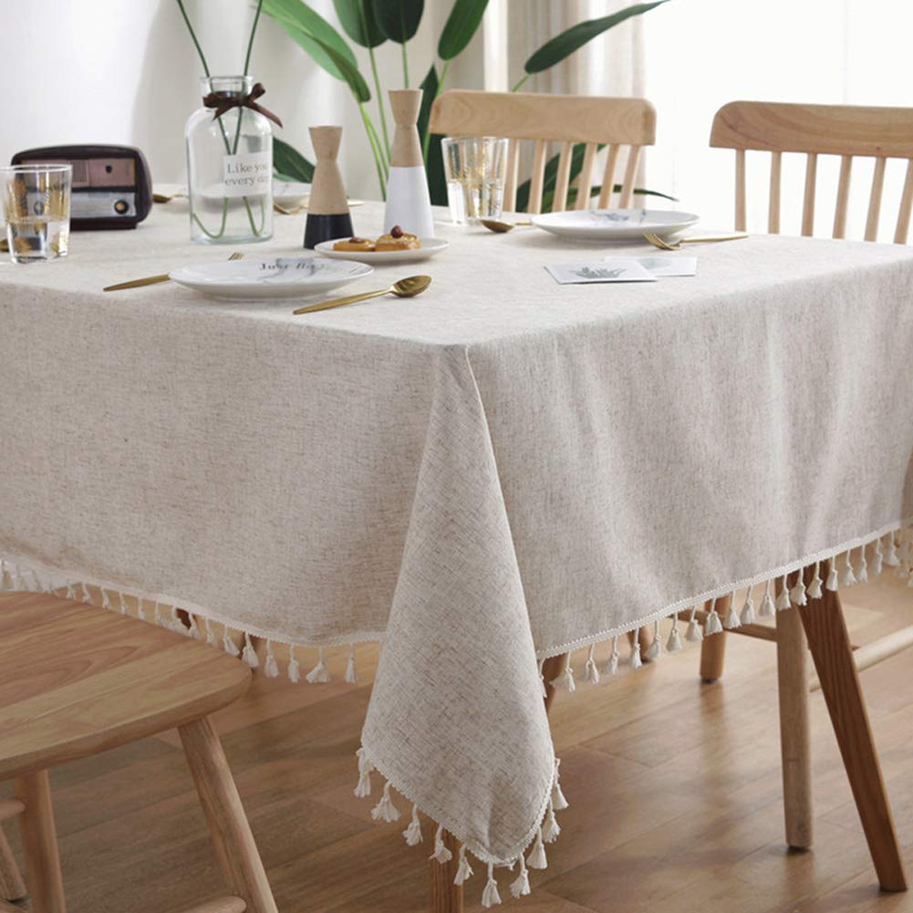 Amzali Cotton Linen Tablecloths Fabric Tassel Tablecloth Dust-Proof Table Cover For Kitchen Dinning Tabletop Home Decoration (Re