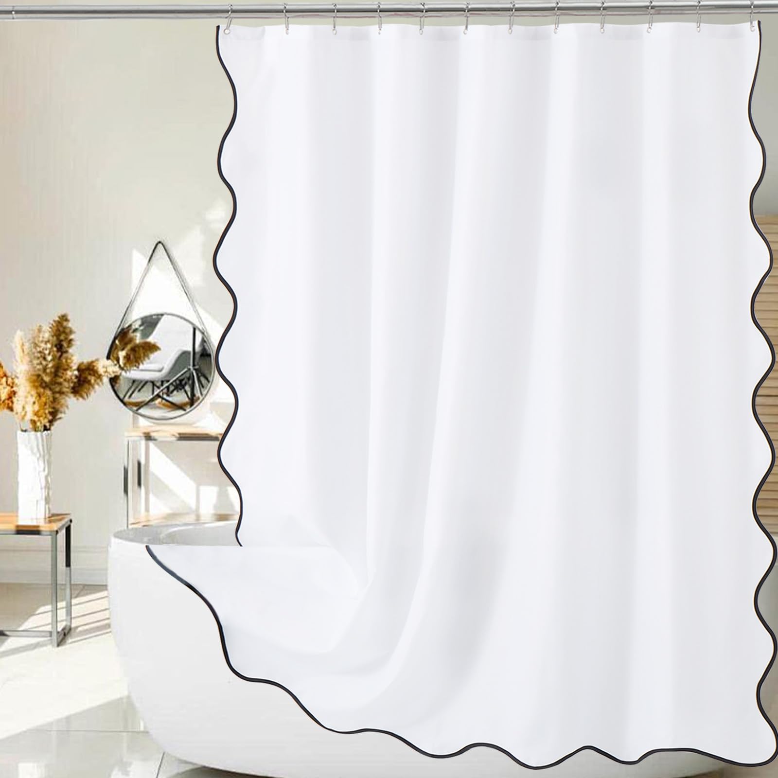 Ortigia White Shower Curtain With Black Scalloped Edge Black And White Cute Preppy Scallop Shower Curtains Pretty Aesthetic Wate